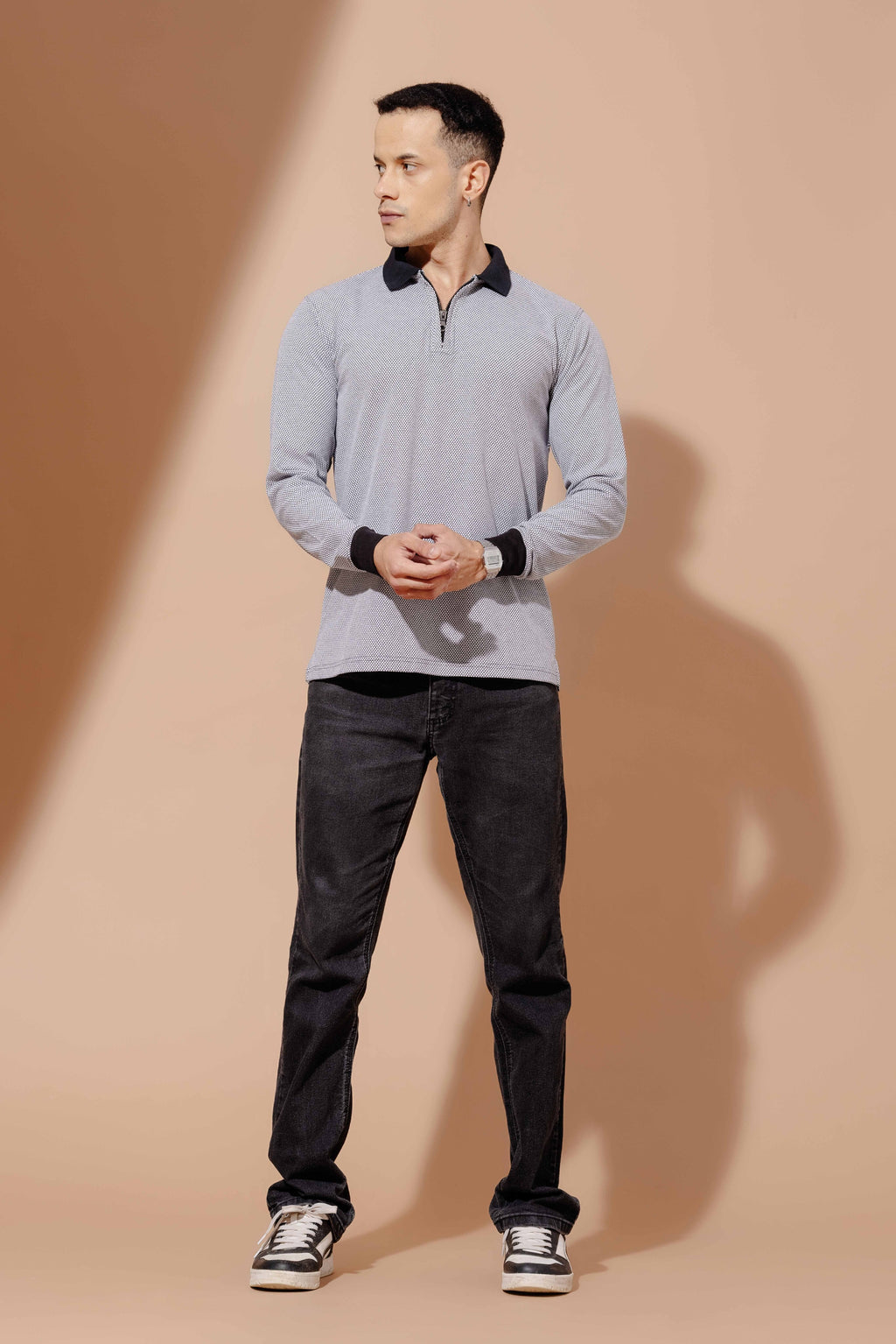 Black Self Design Zipper Collar T-Shirt