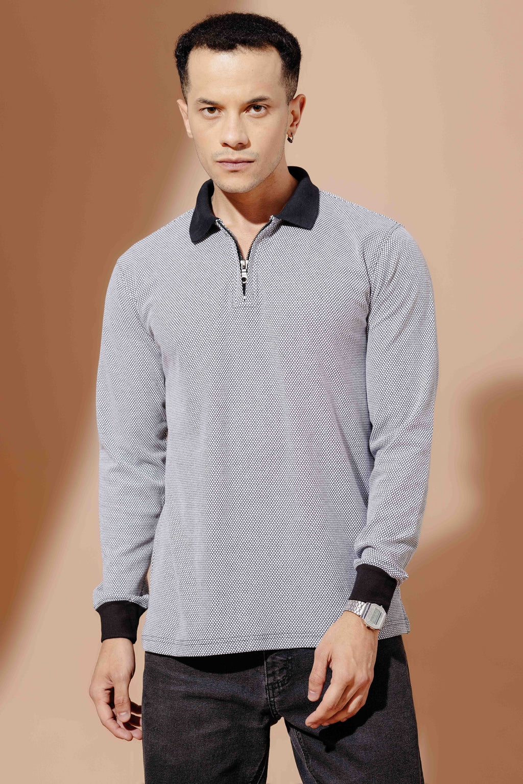 Black Self Design Zipper Collar T-Shirt