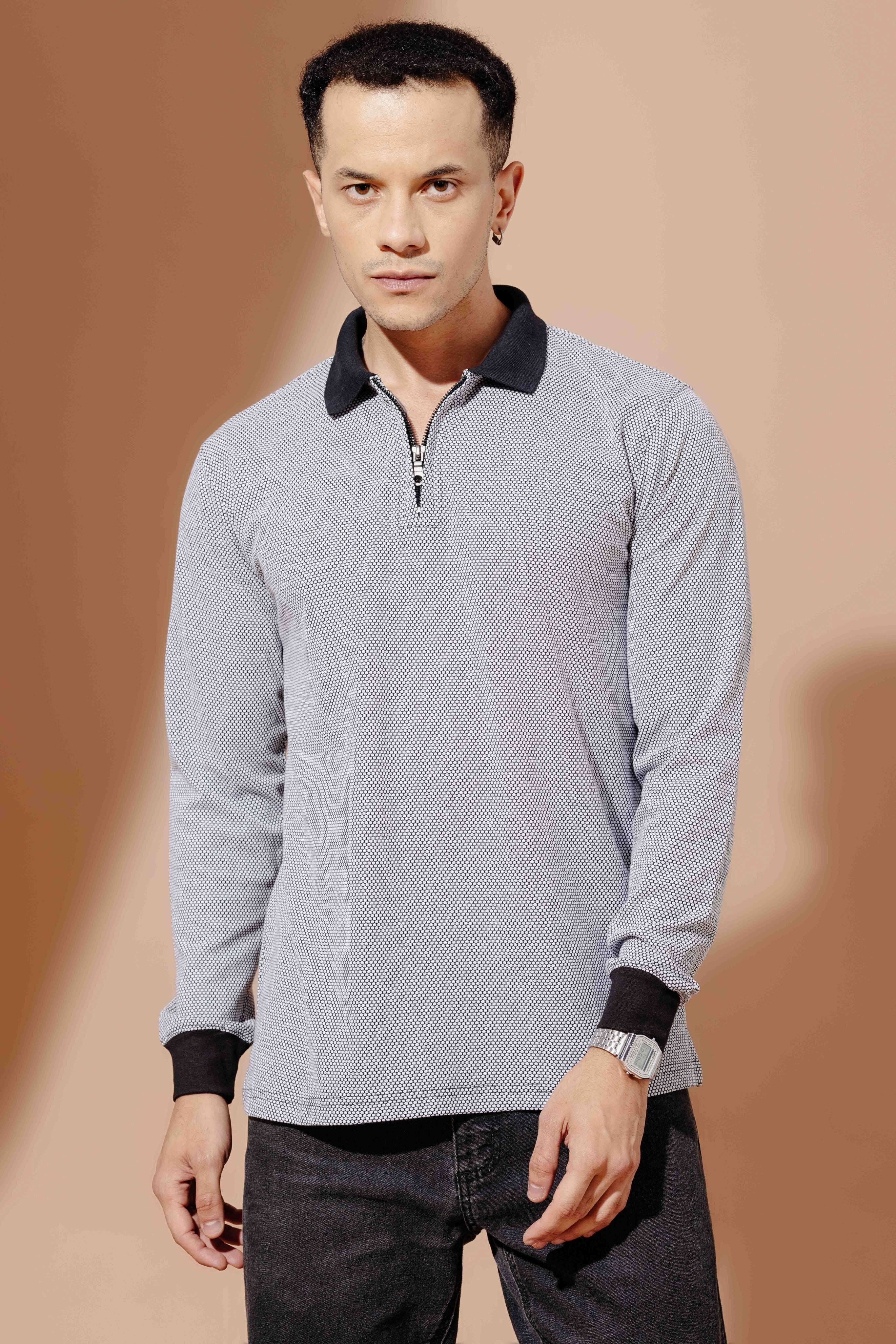 Black Self Design Zipper Collar T-Shirt