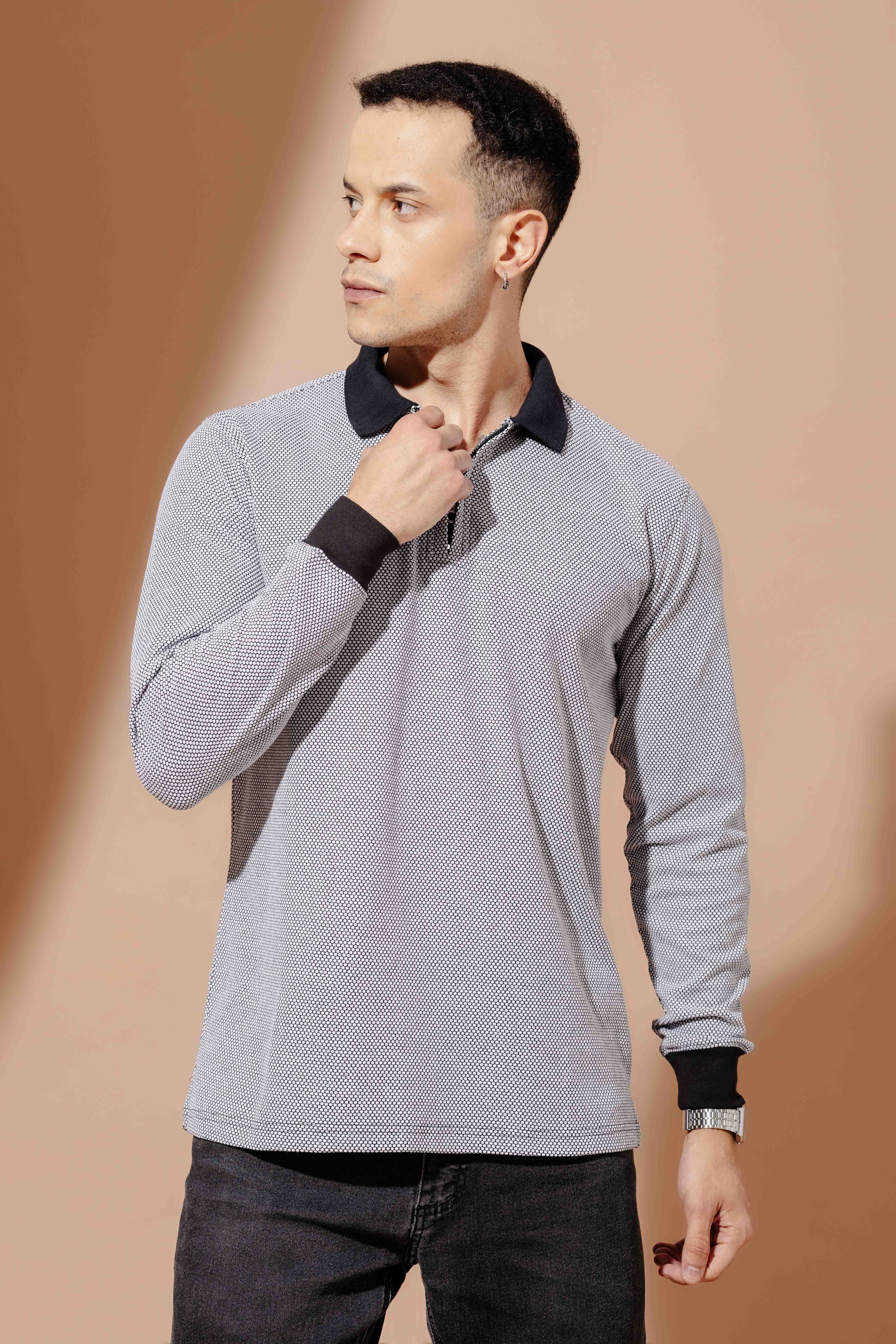 Black Self Design Zipper Collar T-Shirt