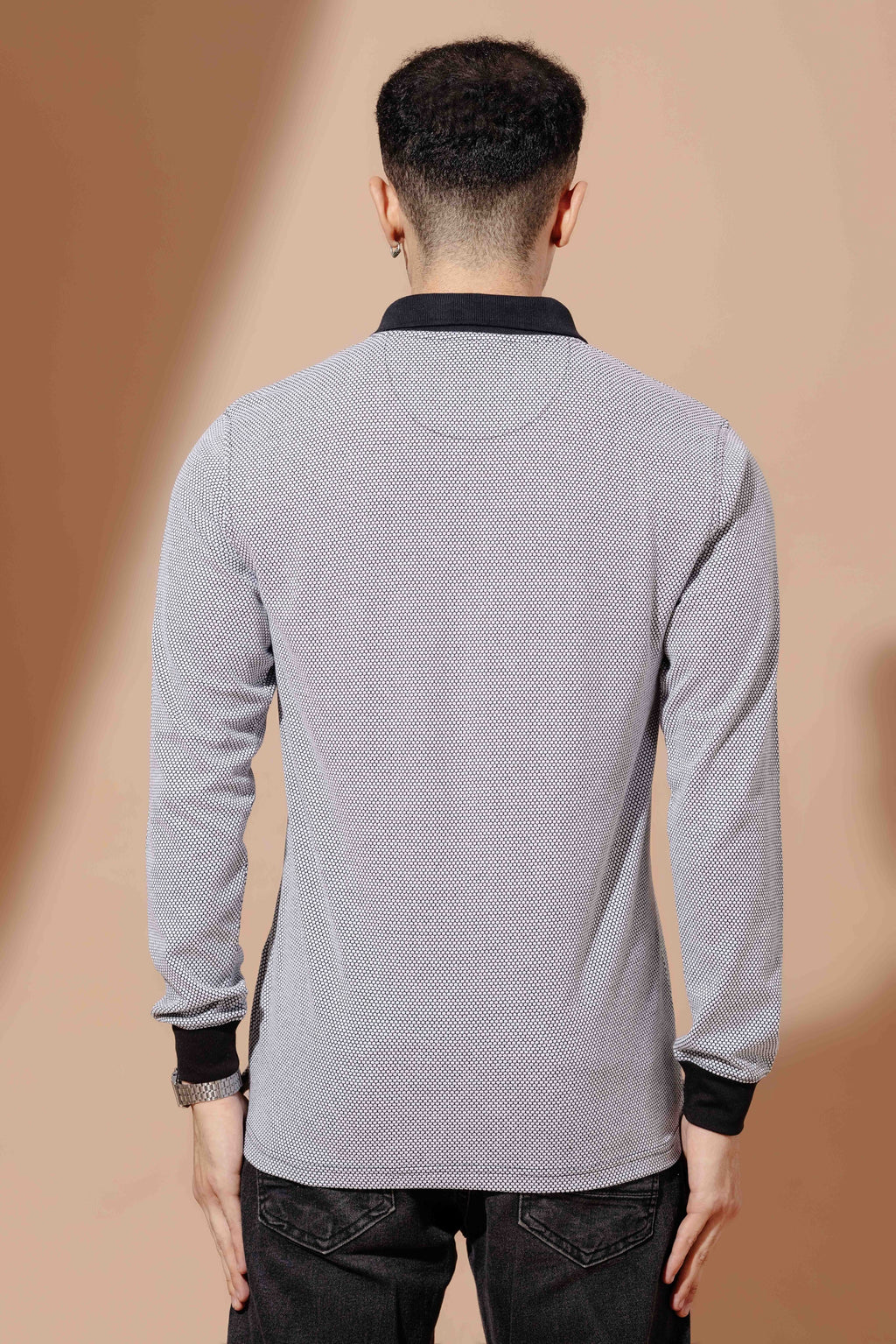 Black Self Design Zipper Collar T-Shirt