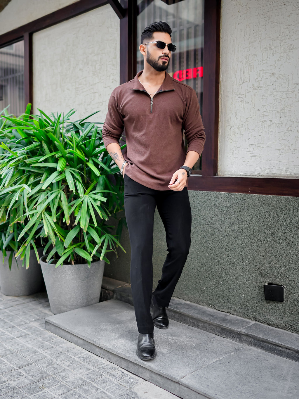 Brown Rib Zipper Self Design T-Shirt