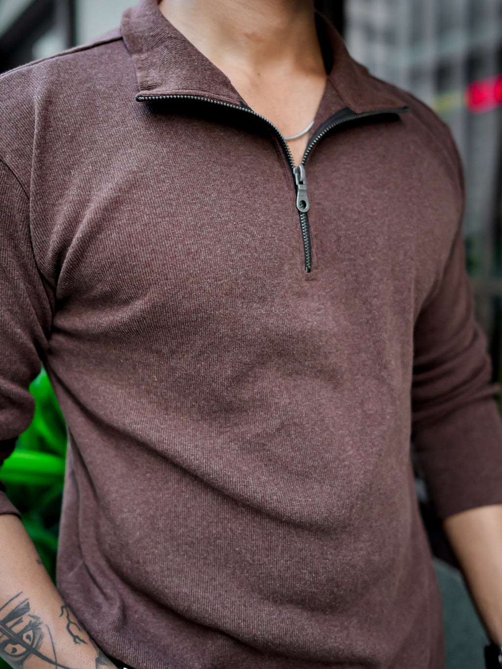 Brown Rib Zipper Self Design T-Shirt