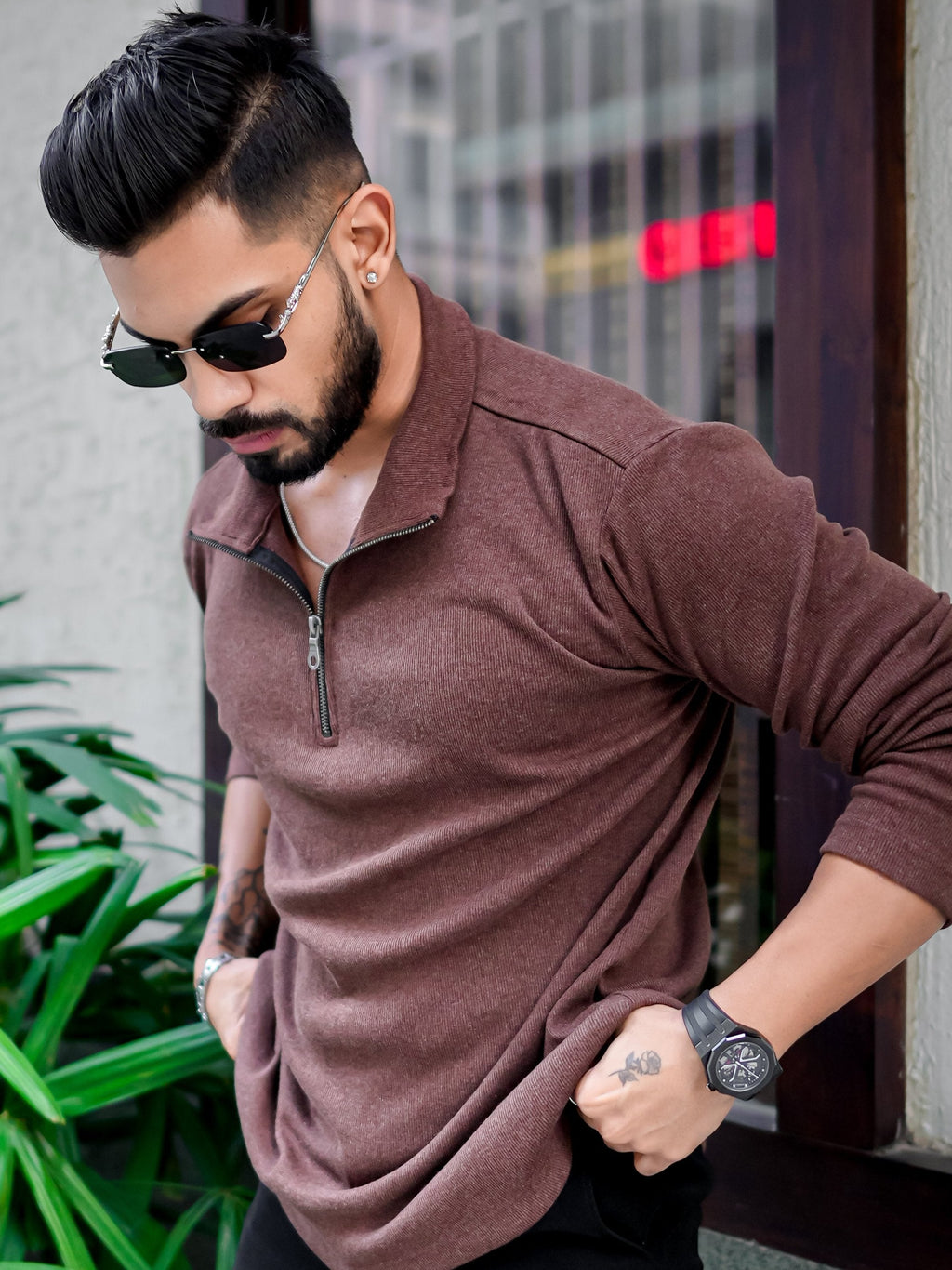 Brown Rib Zipper Self Design T-Shirt