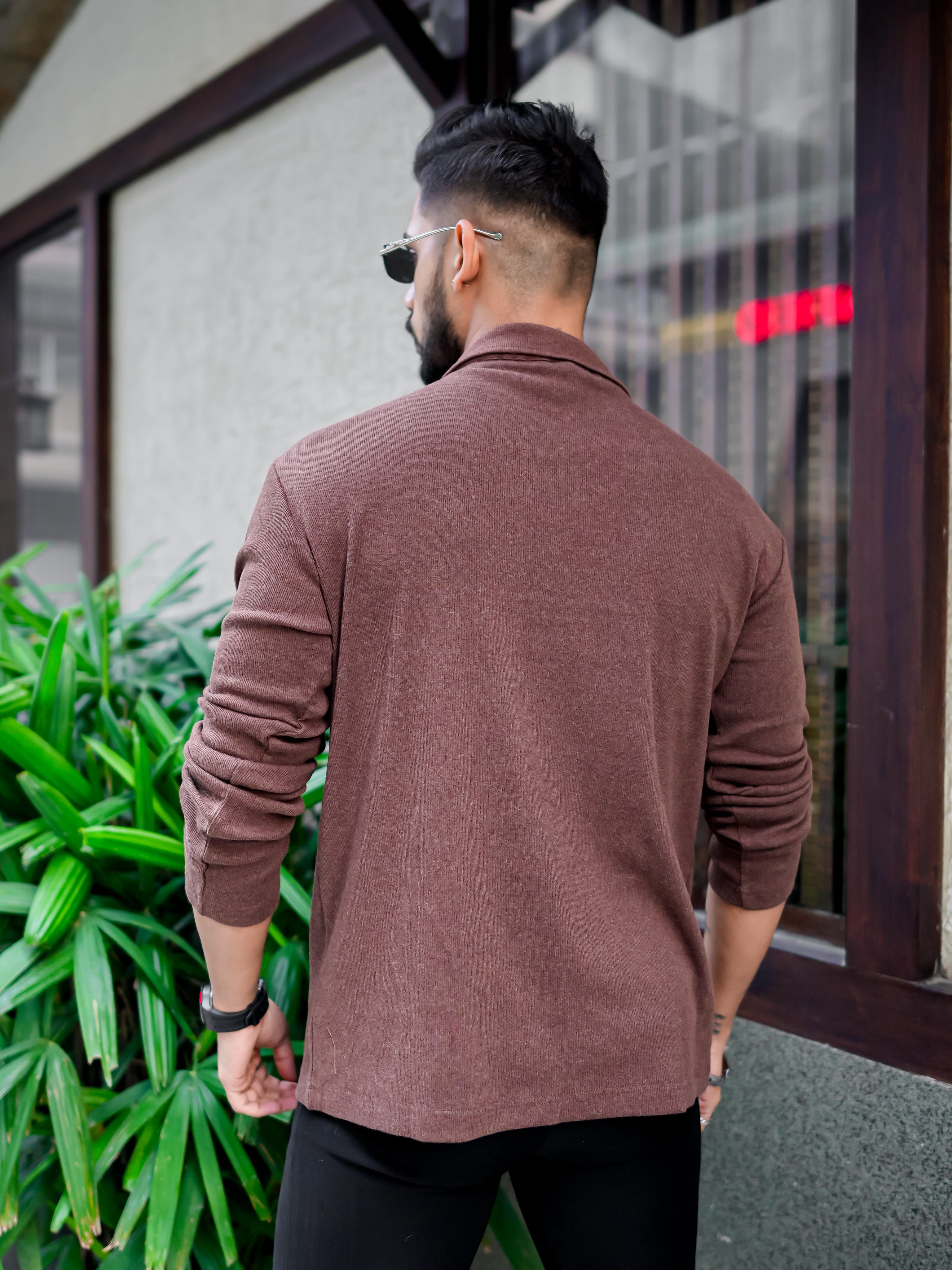 Brown Rib Zipper Self Design T-Shirt