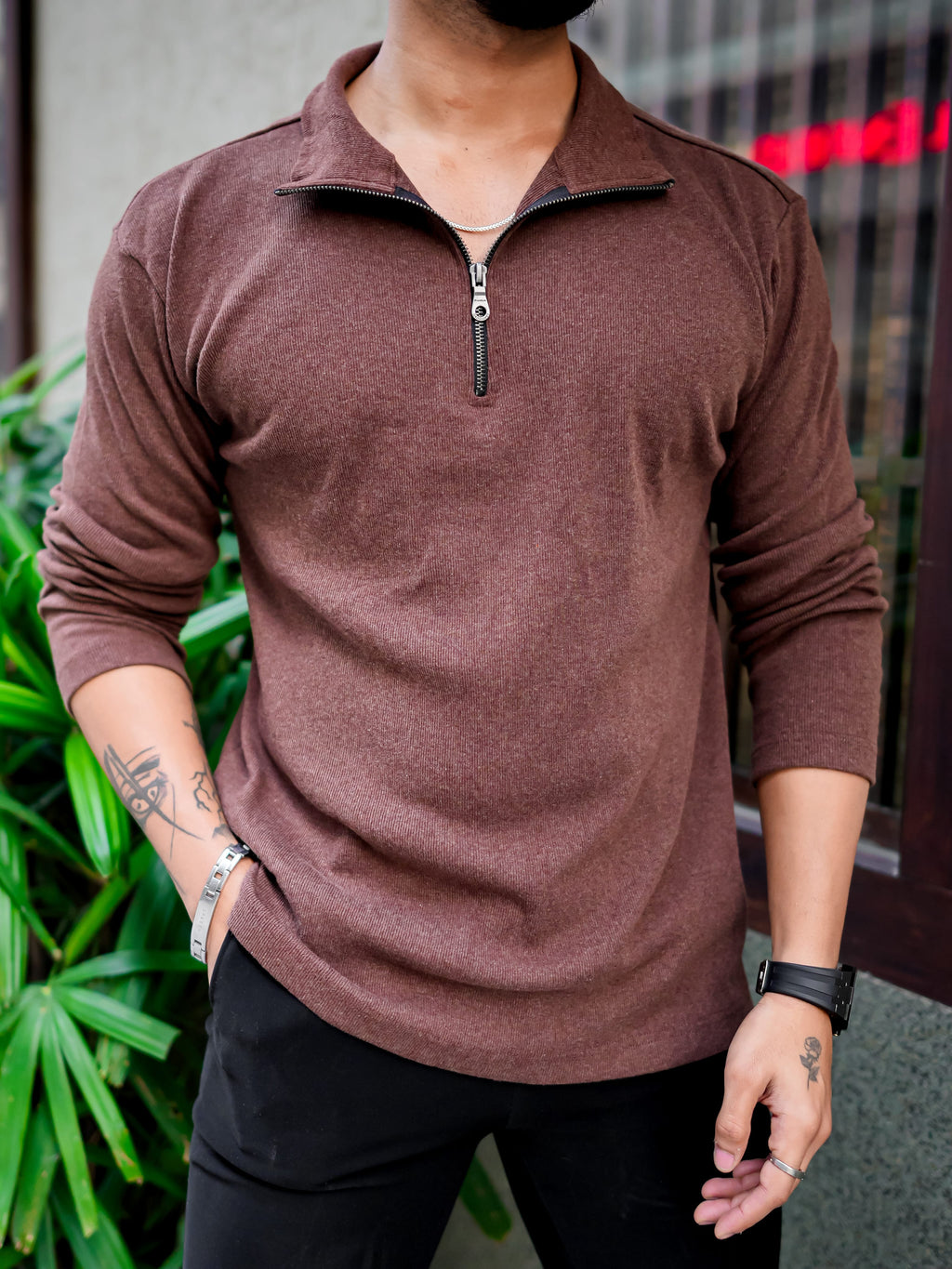 Brown Rib Zipper Self Design T-Shirt