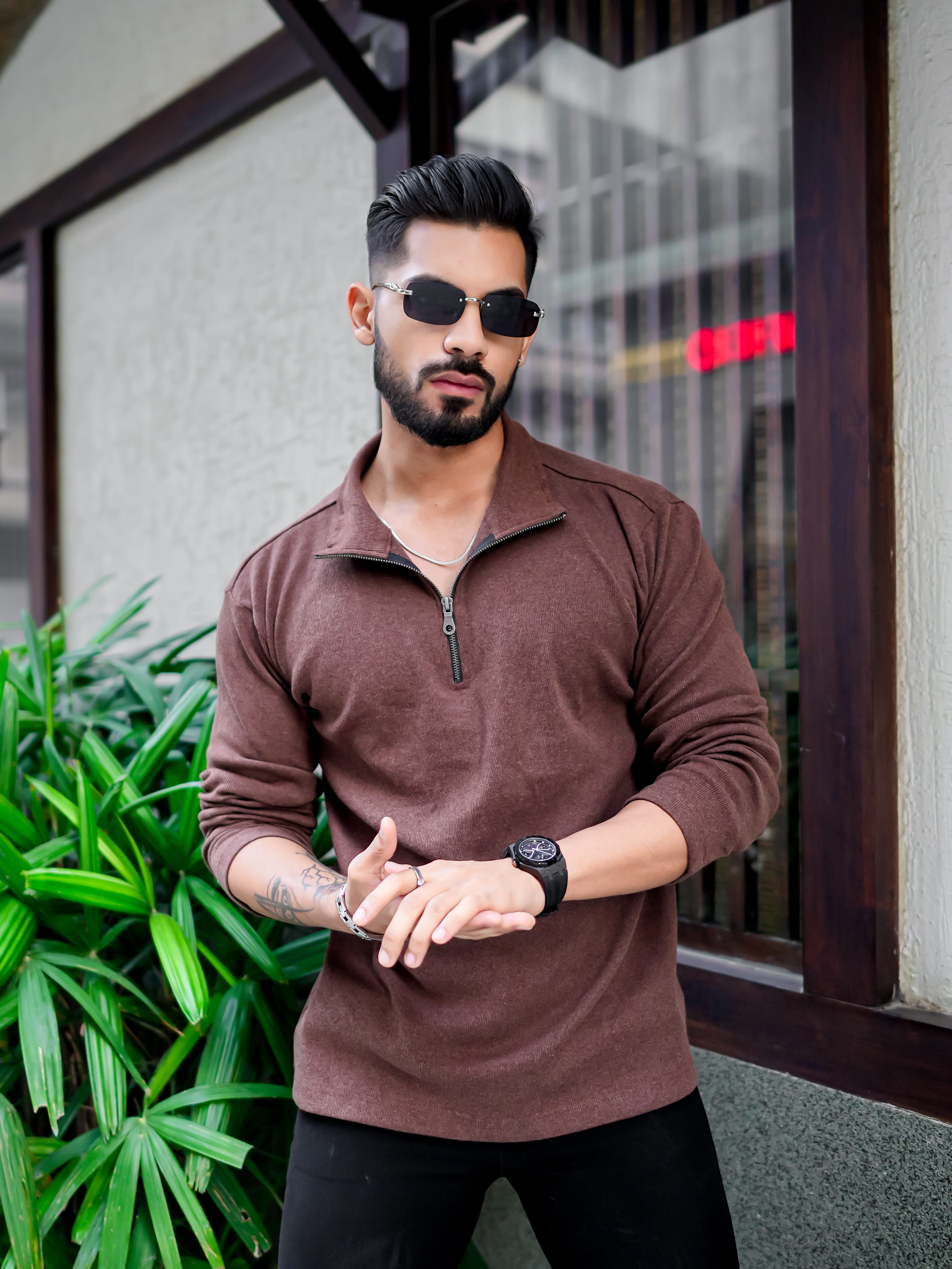 Brown Rib Zipper Self Design T-Shirt