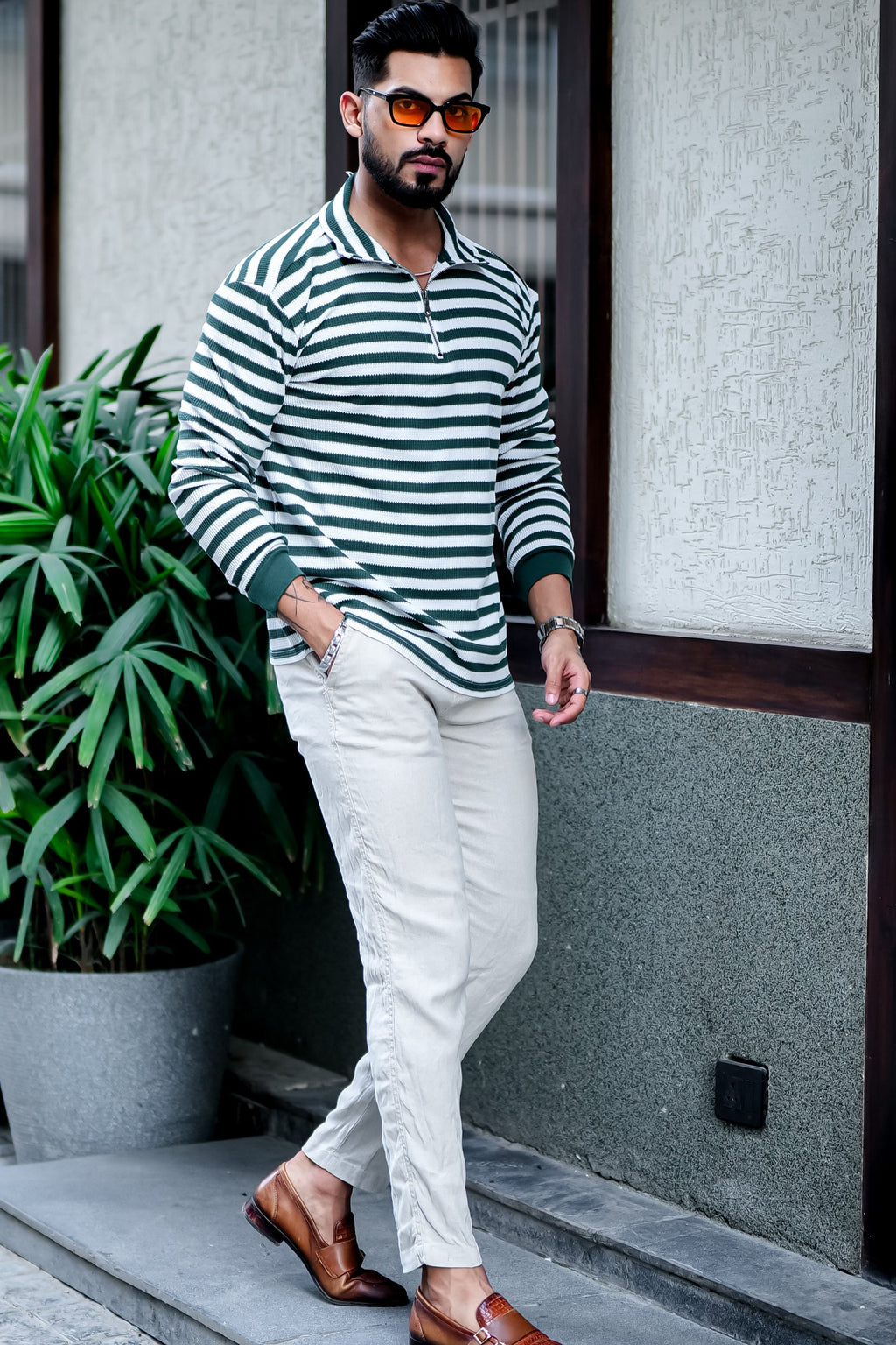 Green Stripe Waffle Zipper T-Shirt