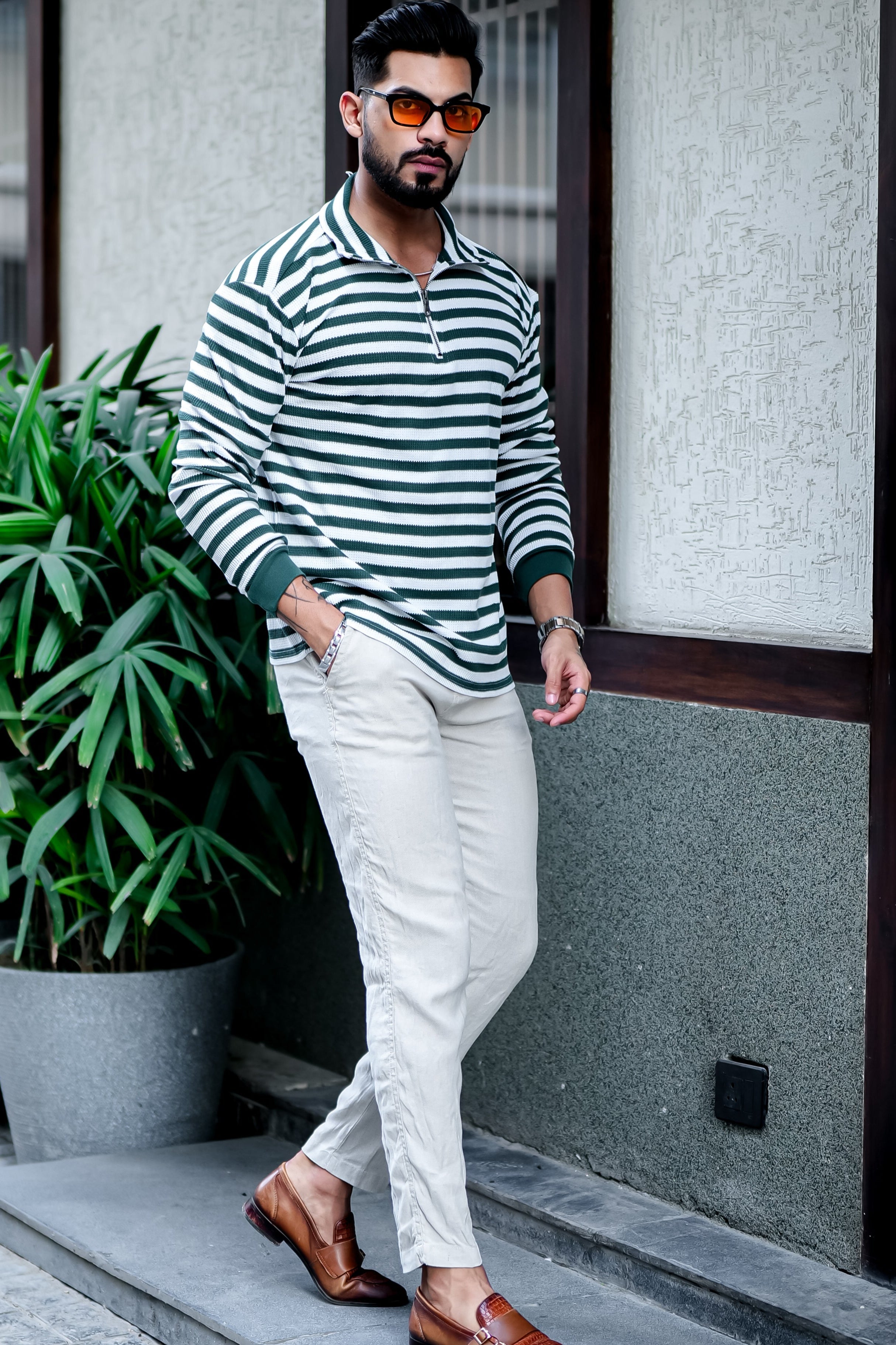 Green Stripe Waffle Zipper T-Shirt