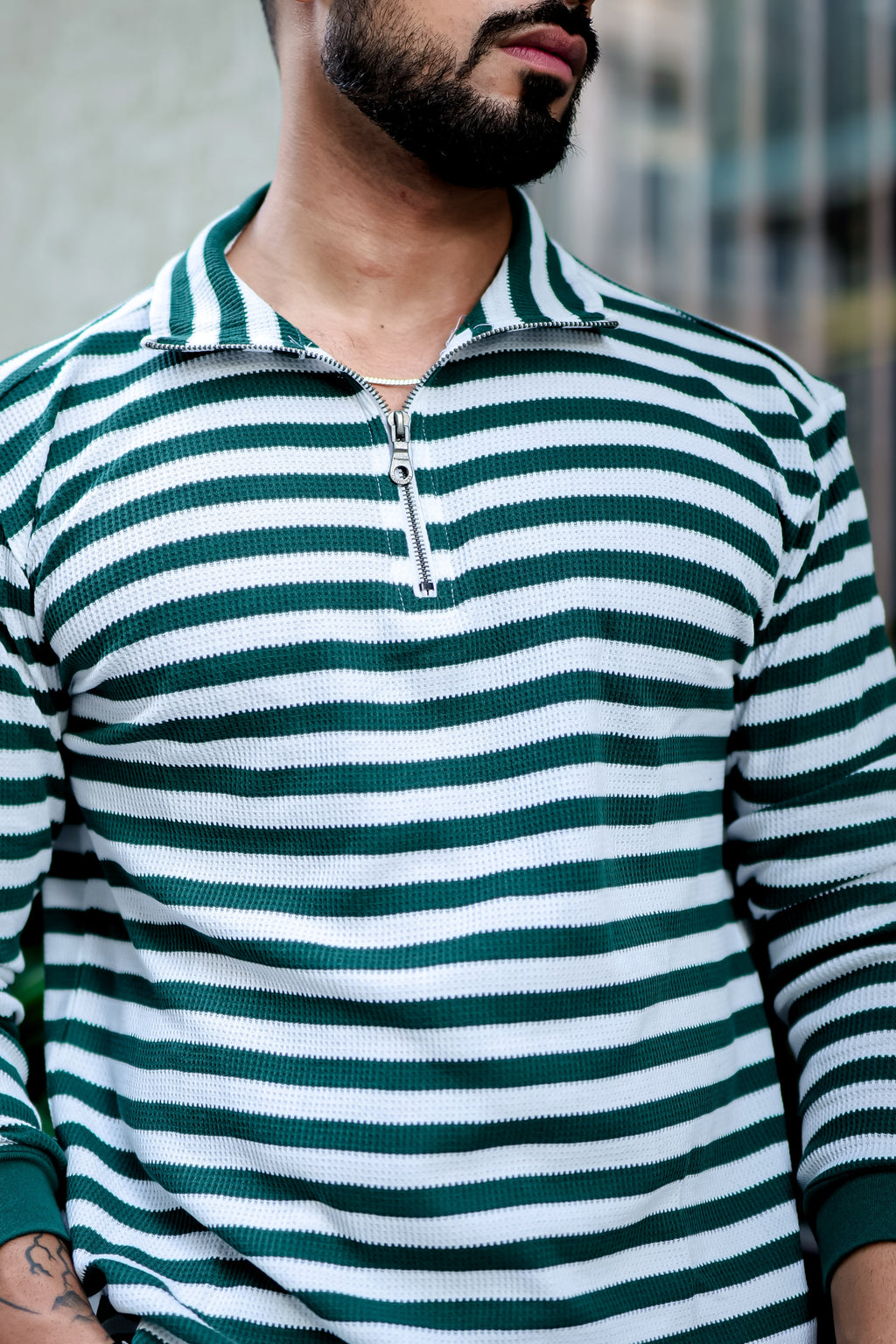 Green Stripe Waffle Zipper T-Shirt