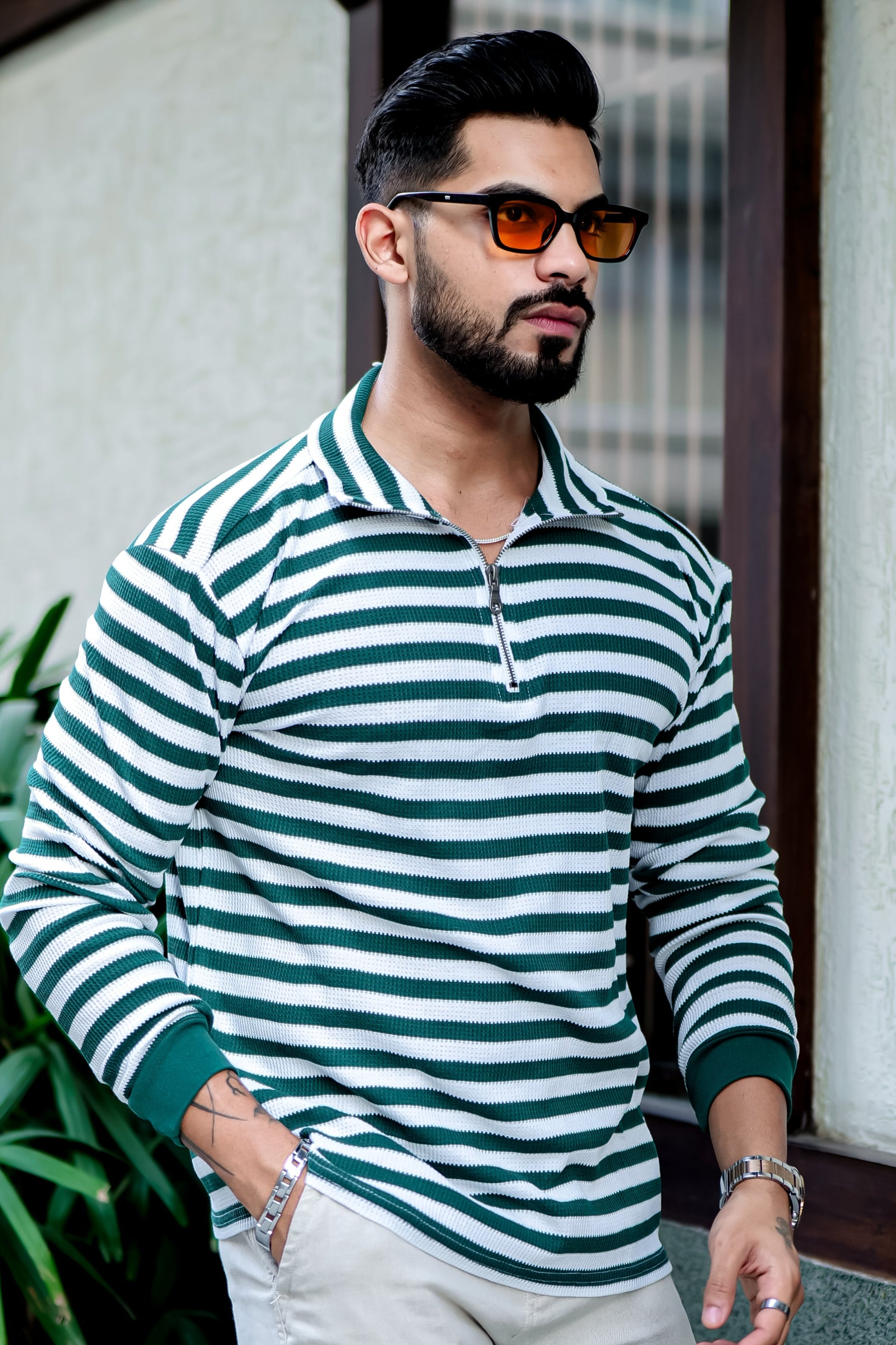 Green Stripe Waffle Zipper T-Shirt