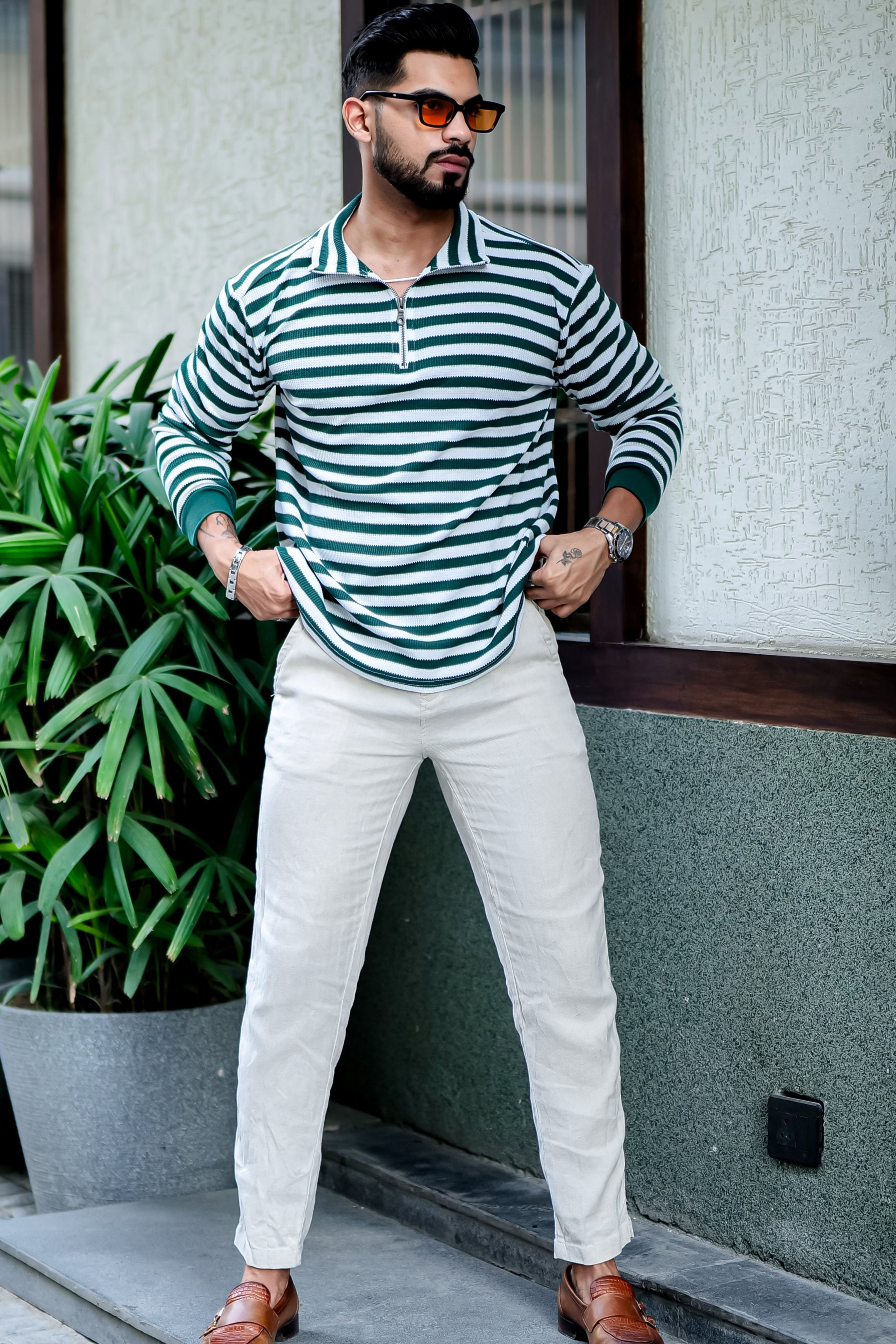 Green Stripe Waffle Zipper T-Shirt