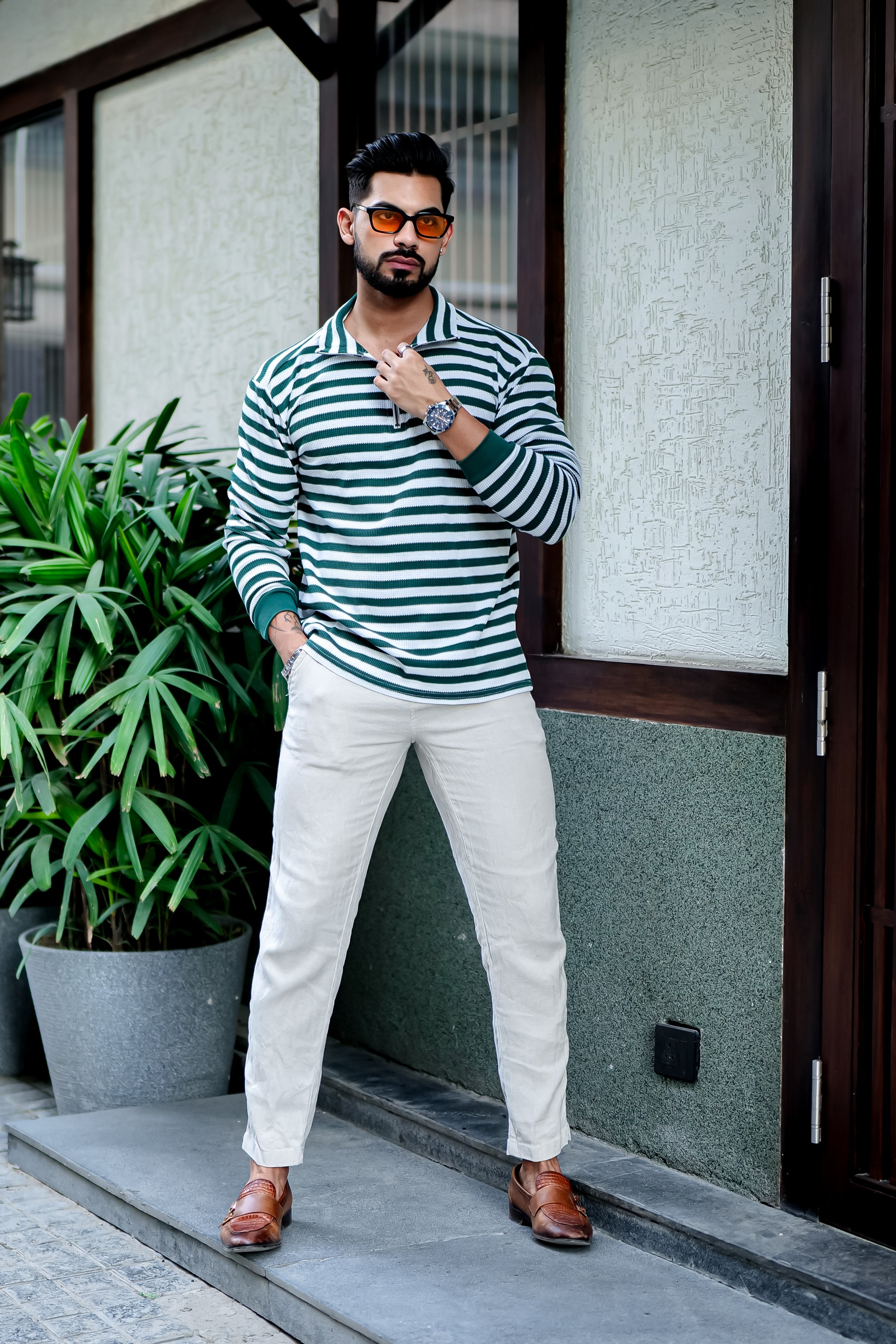 Green Stripe Waffle Zipper T-Shirt