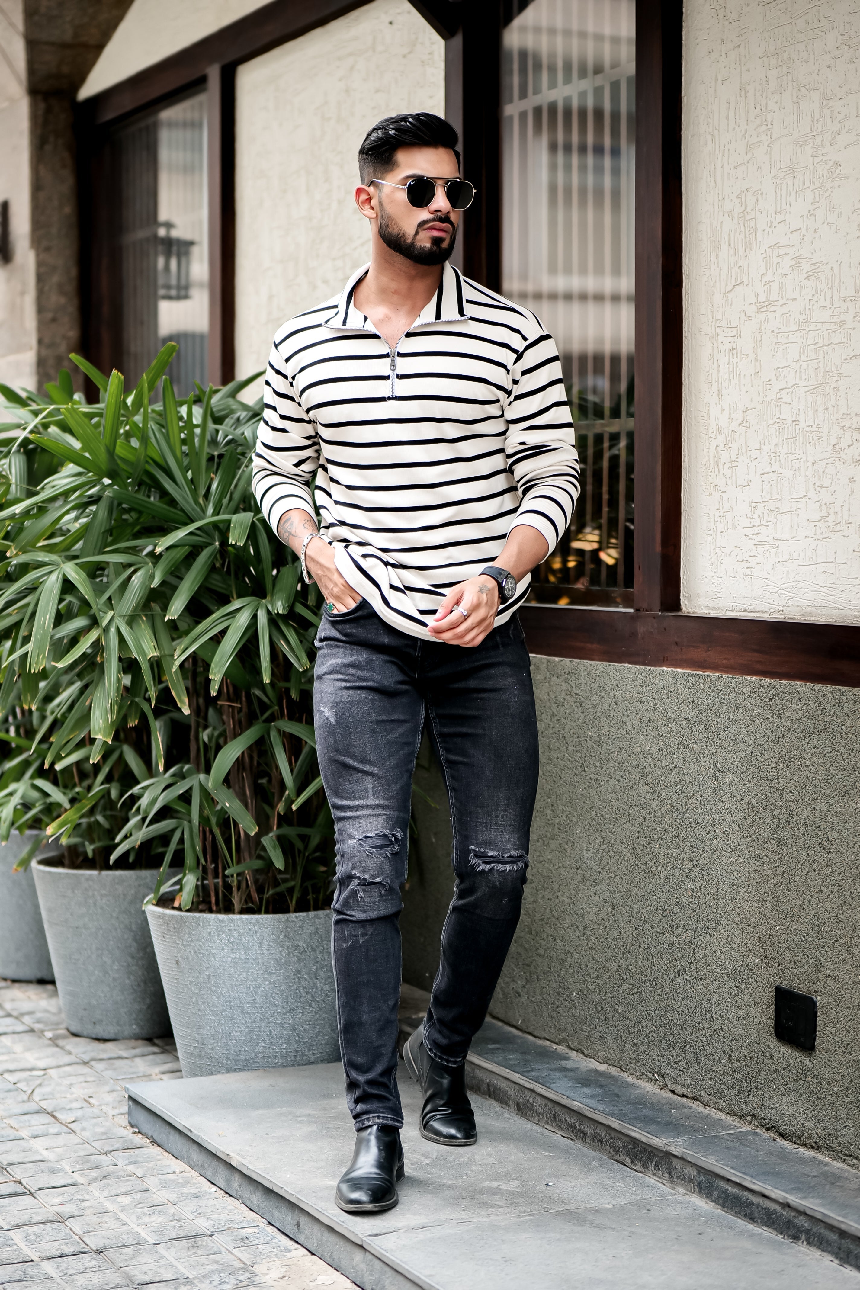 White Self Design Woven Zipper T-Shirt