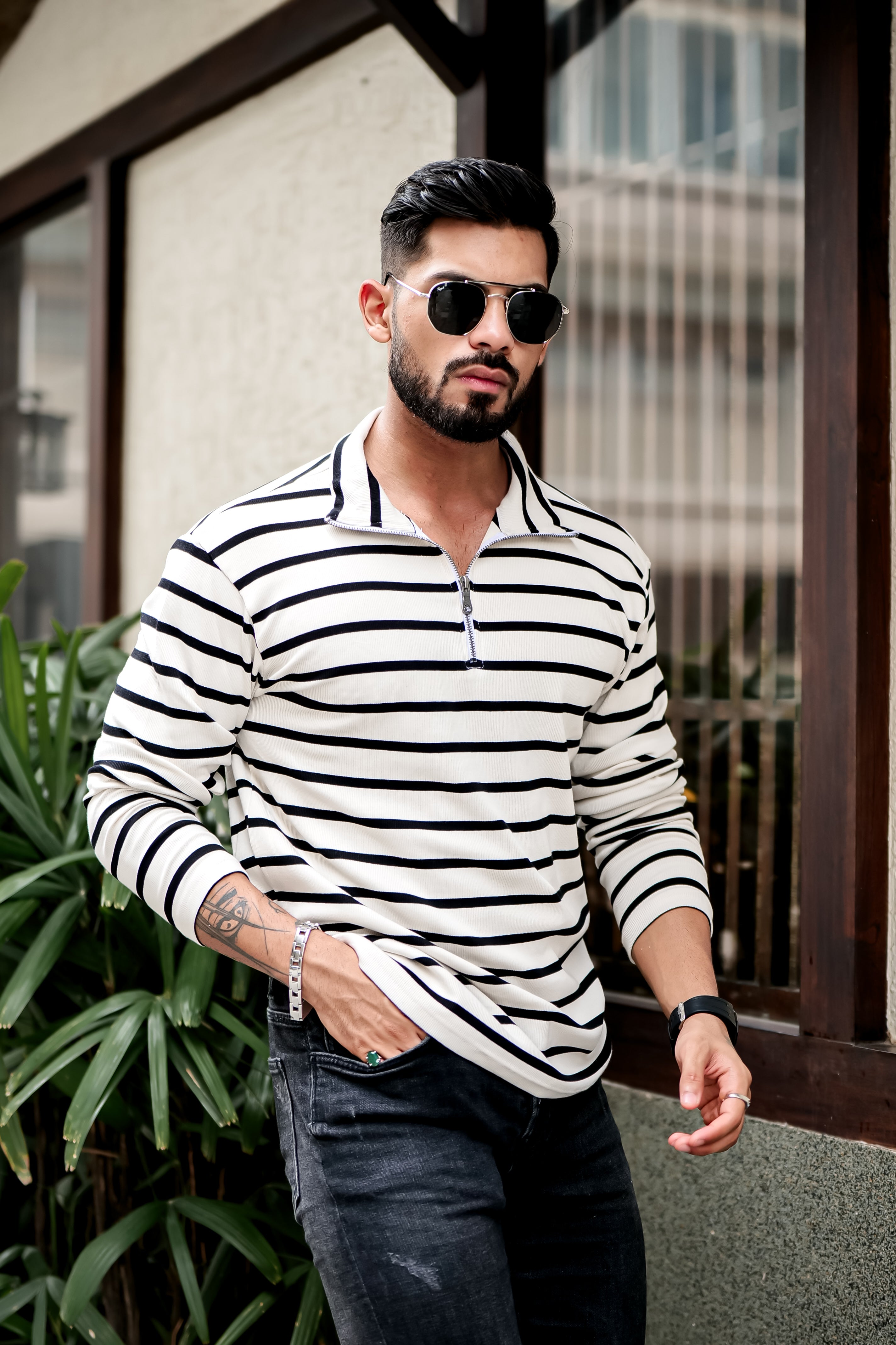 White Self Design Woven Zipper T-Shirt