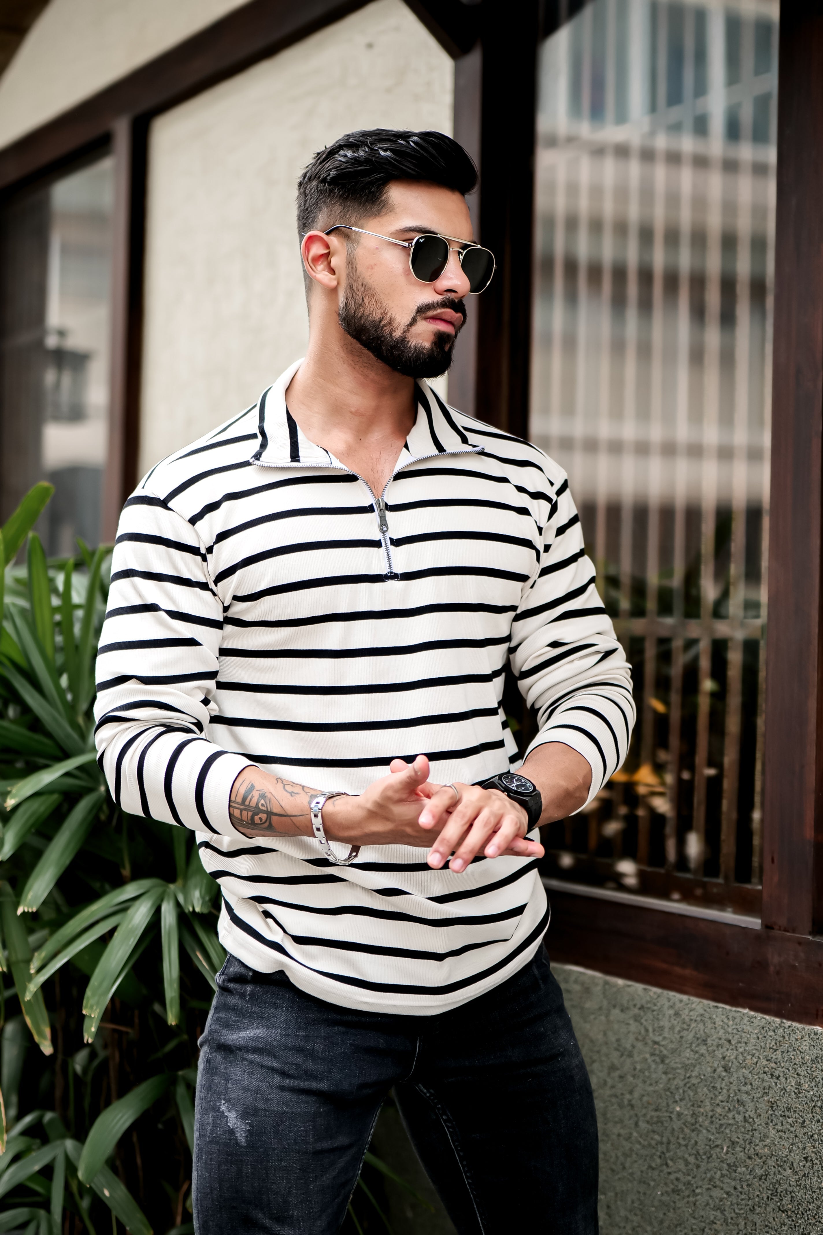 White Self Design Woven Zipper T-Shirt