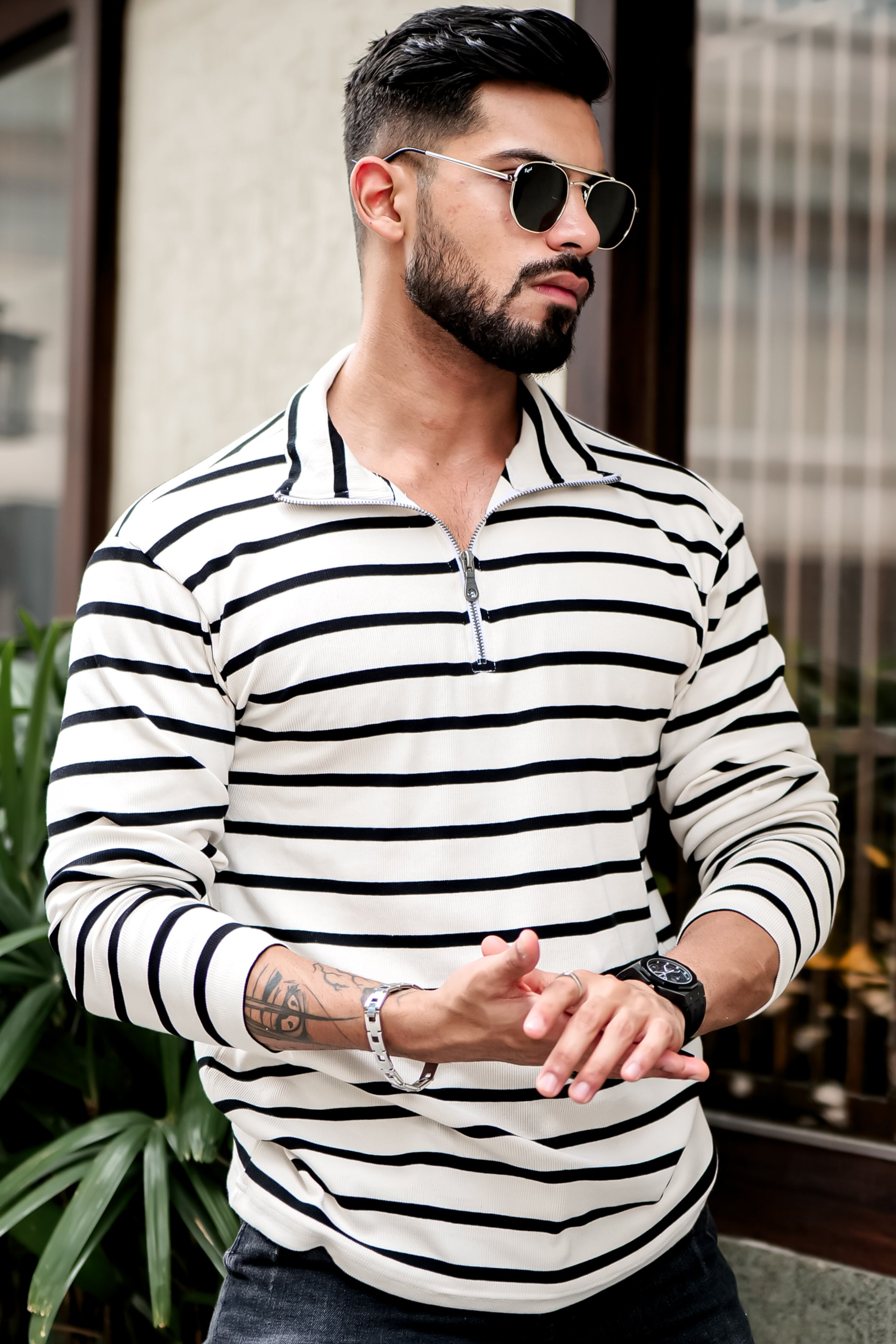 White Self Design Woven Zipper T-Shirt