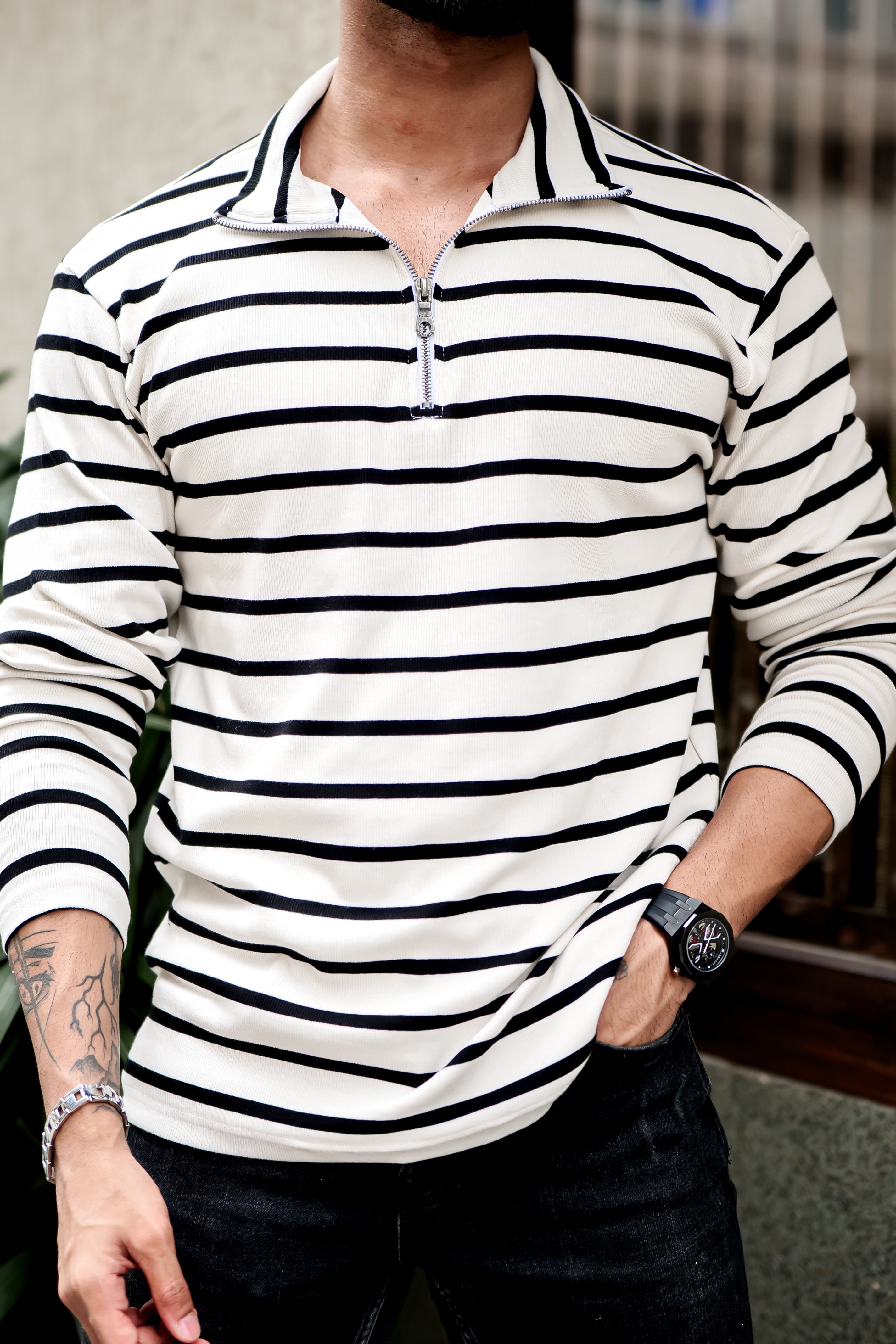 White Self Design Woven Zipper T-Shirt