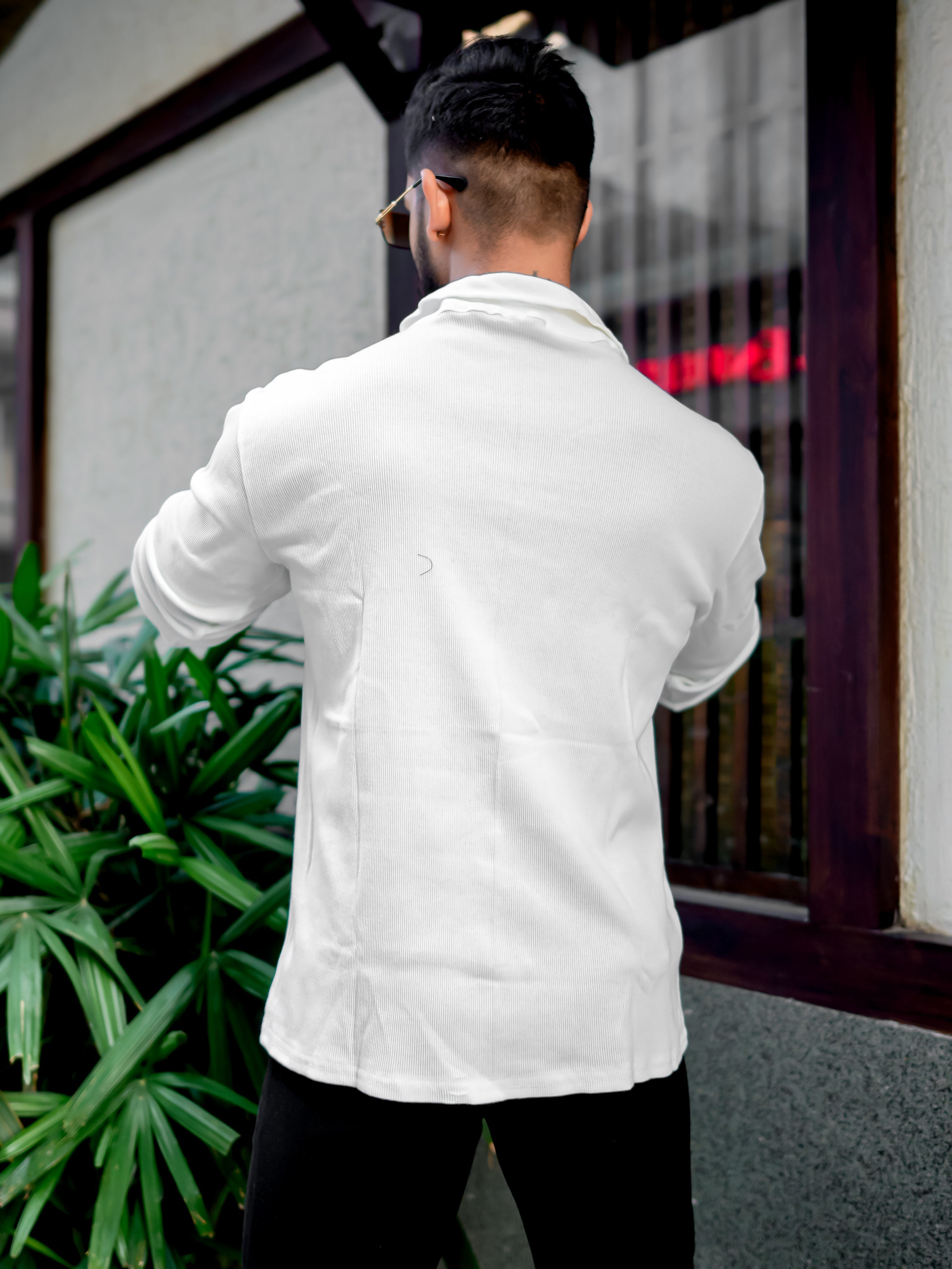 White Self Design Zipper T-Shirt