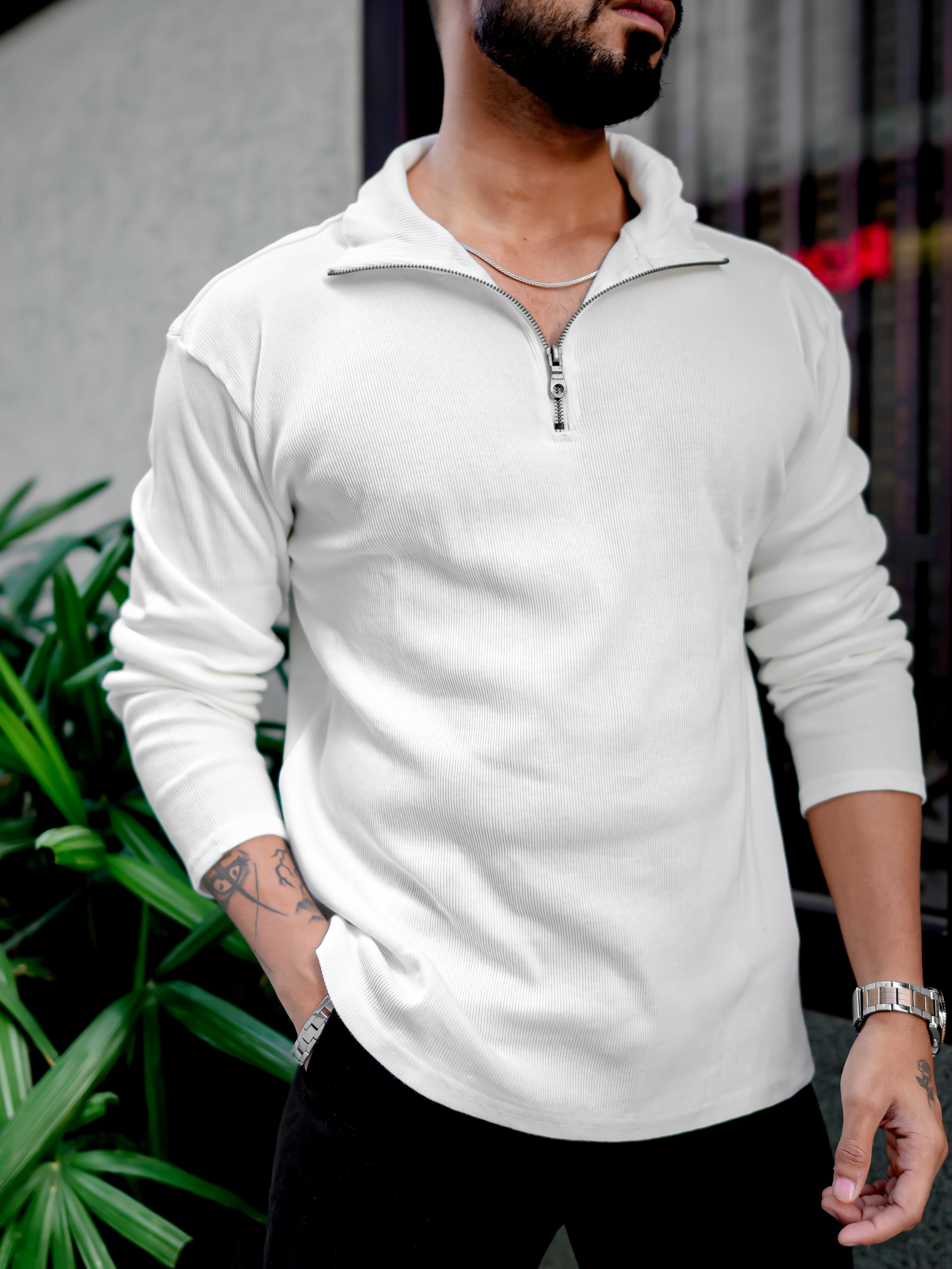 White Self Design Zipper T-Shirt