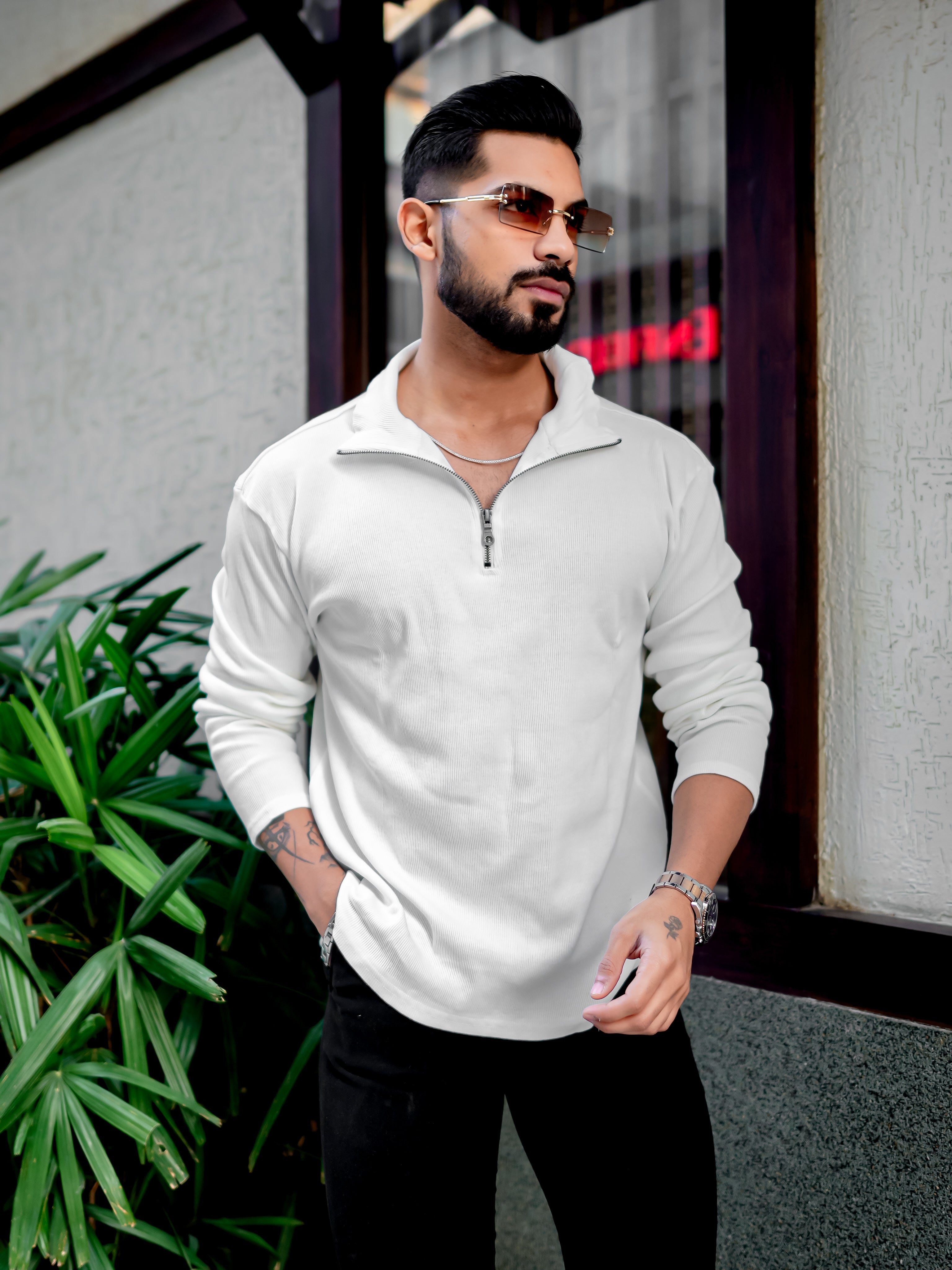 White Self Design Zipper T-Shirt