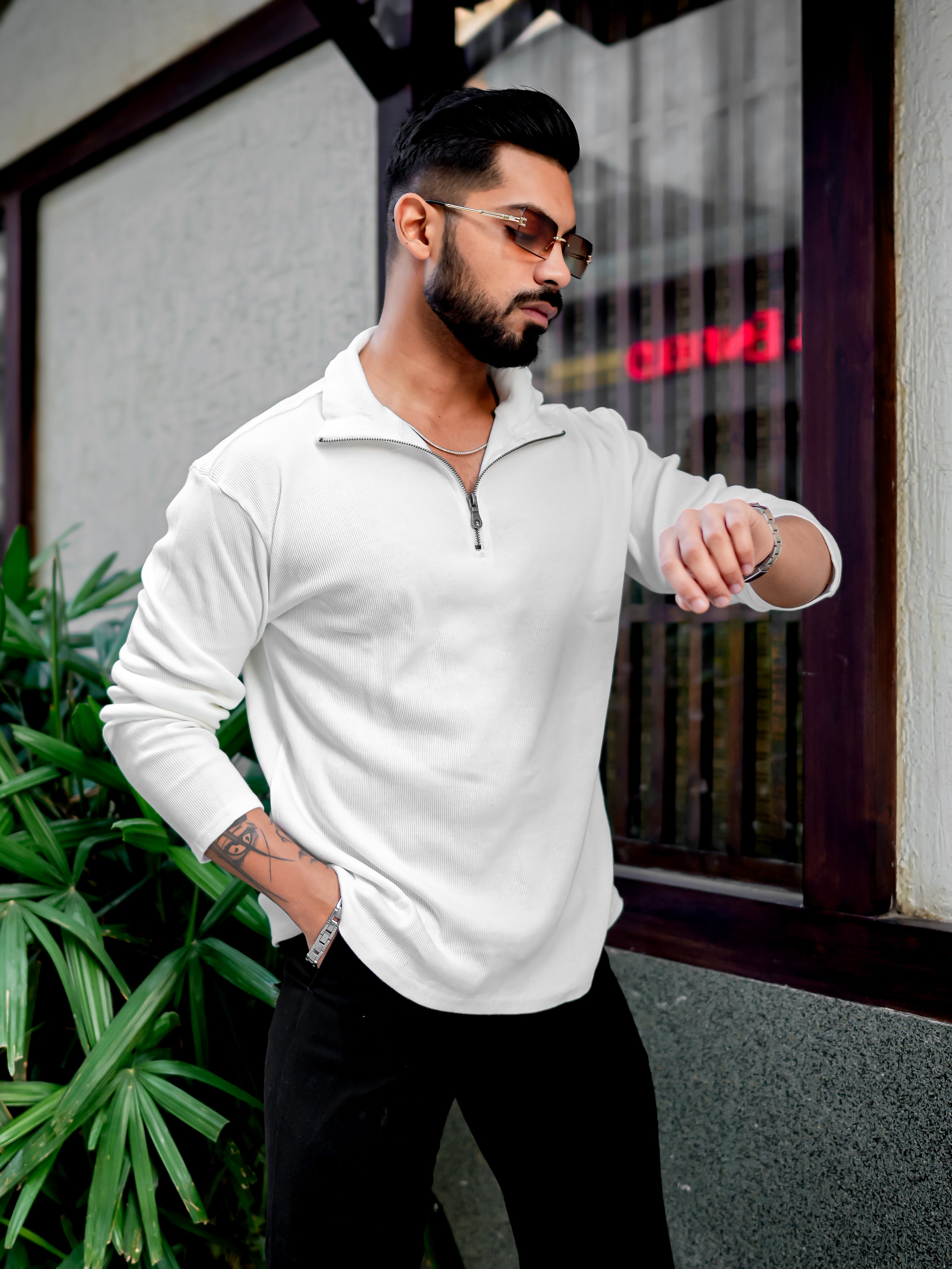 White Self Design Zipper T-Shirt