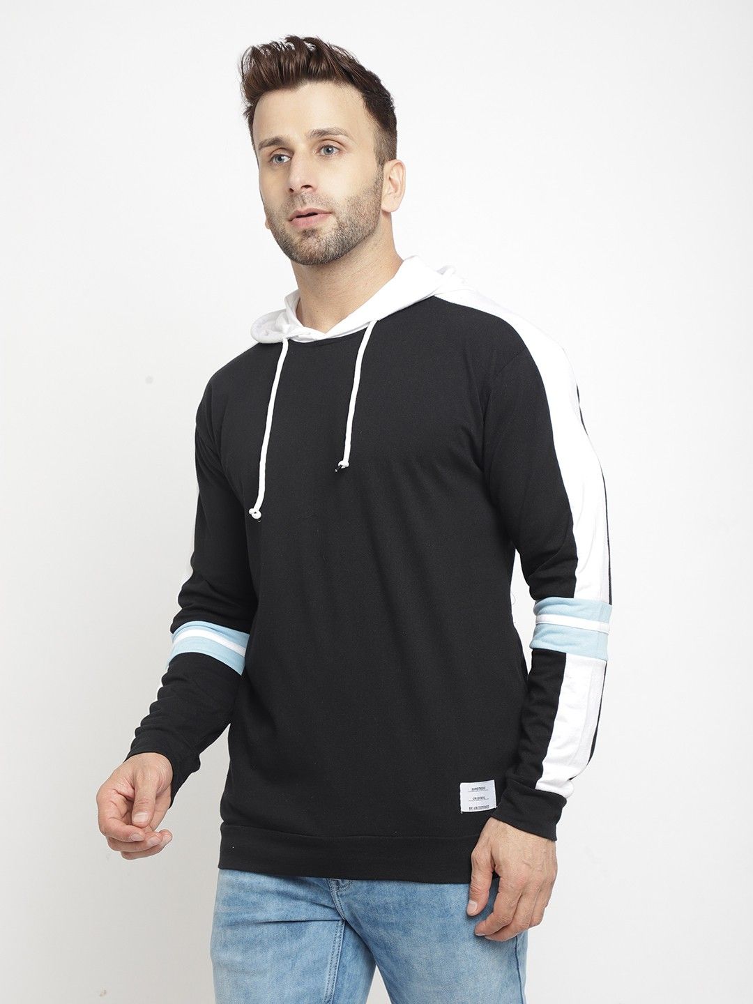 Black White Full Sleeve Hooded T-Shirt
