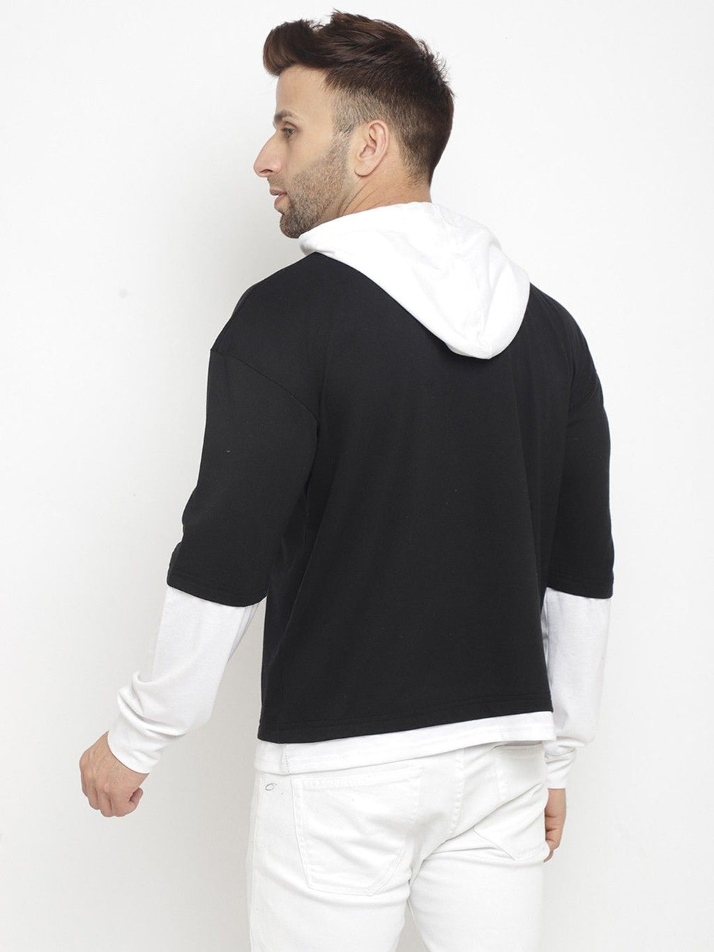 Black White Men Hooded Color Blocked T-Shirt