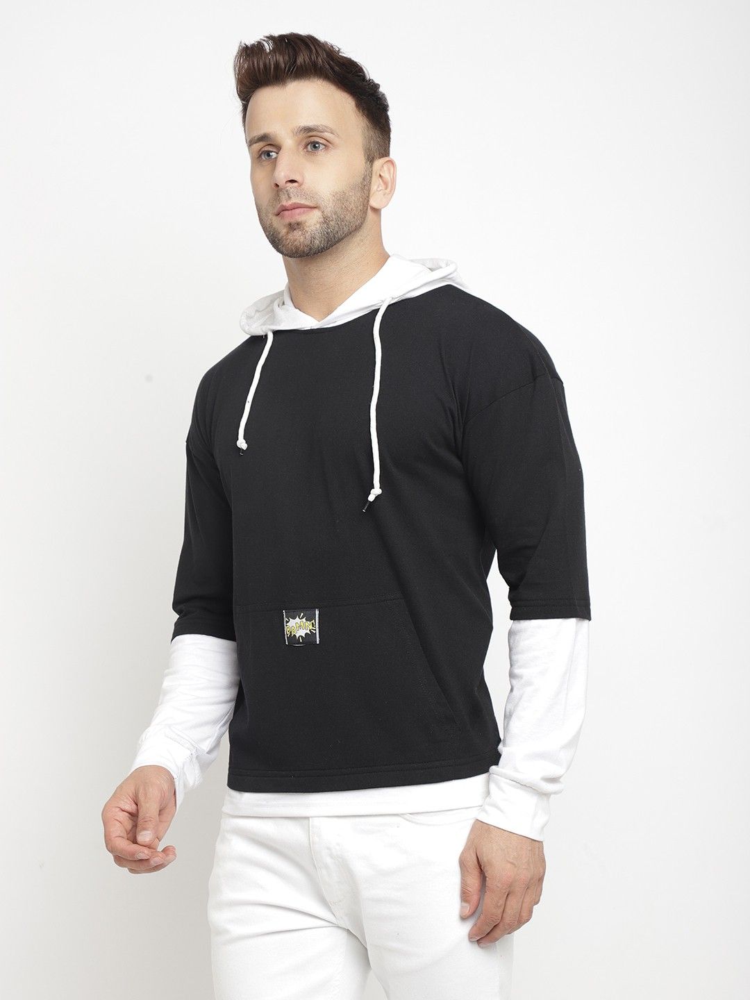 Black White Men Hooded Color Blocked T-Shirt