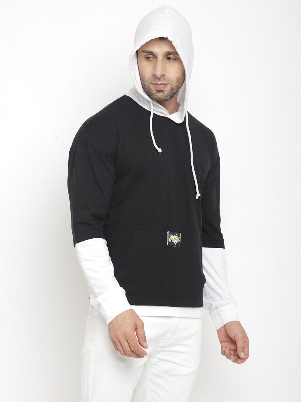 Black White Men Hooded Color Blocked T-Shirt