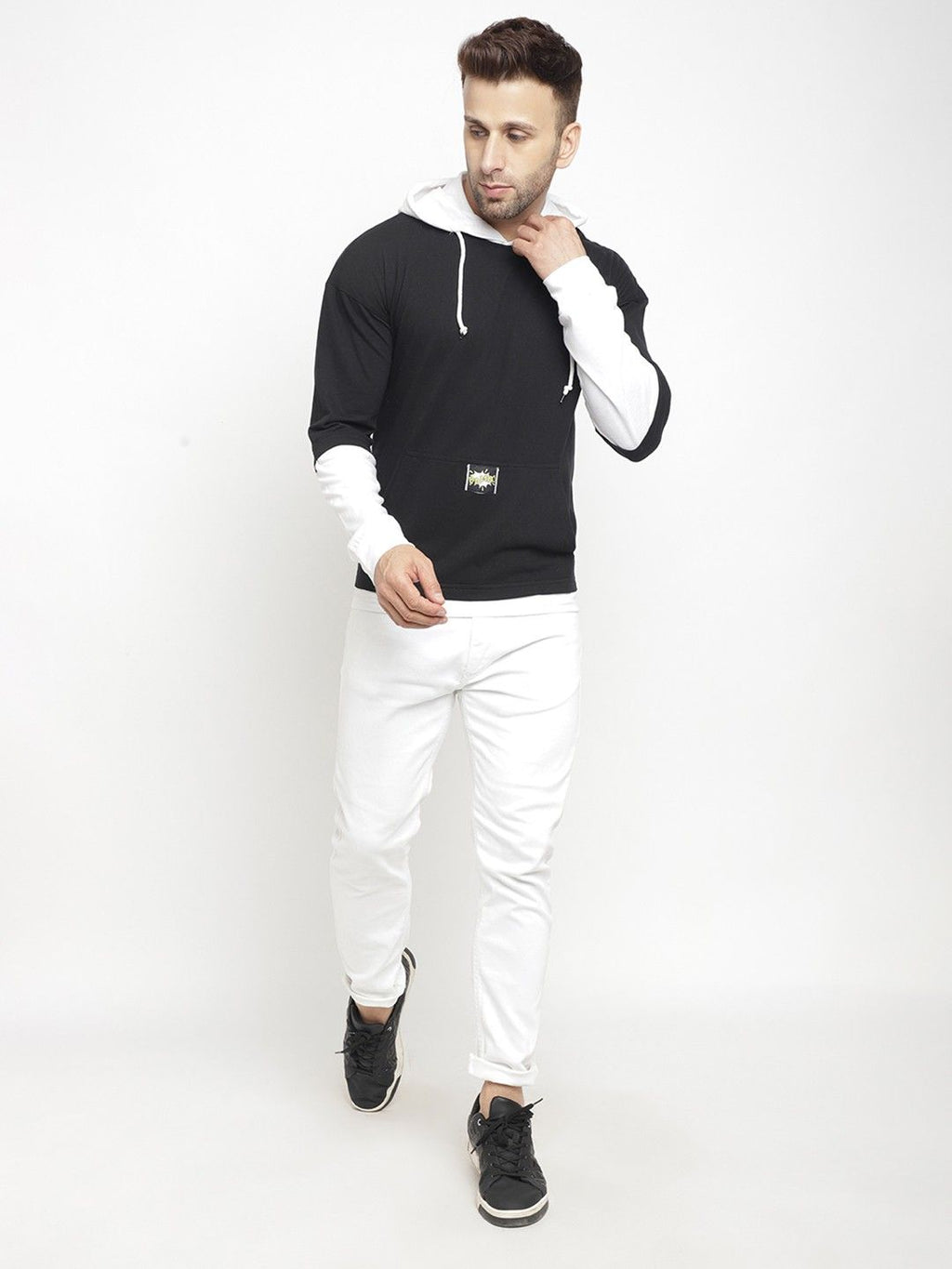 Black White Men Hooded Color Blocked T-Shirt