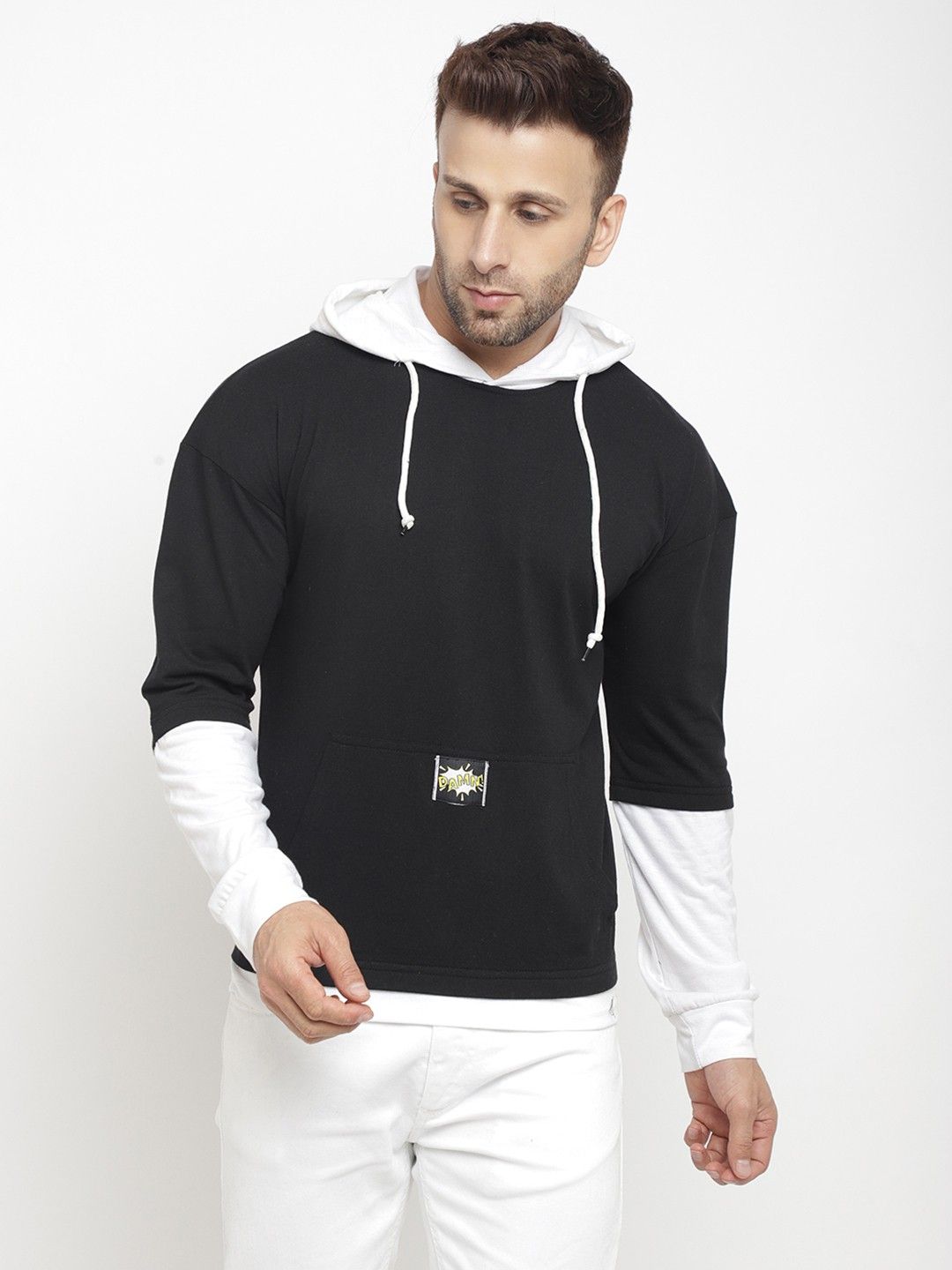 Black White Men Hooded Color Blocked T-Shirt