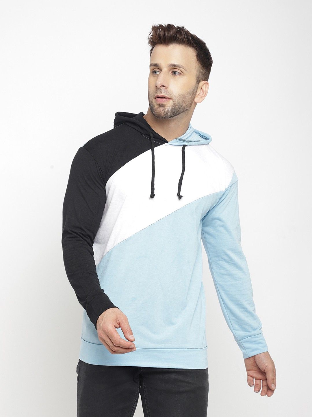 Sky Blue Men Hooded Cotton T-Shirt