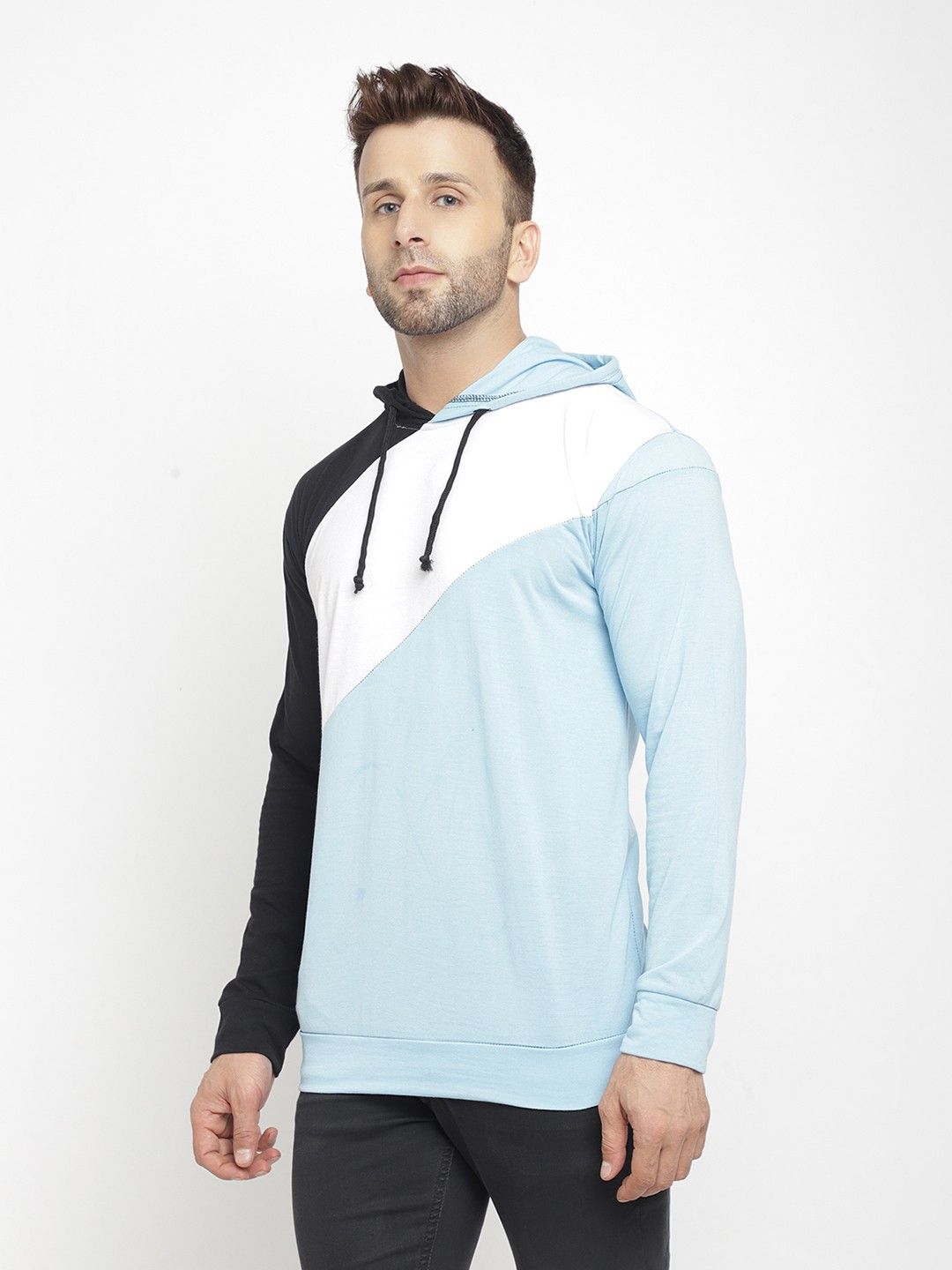Sky Blue Men Hooded Cotton T-Shirt