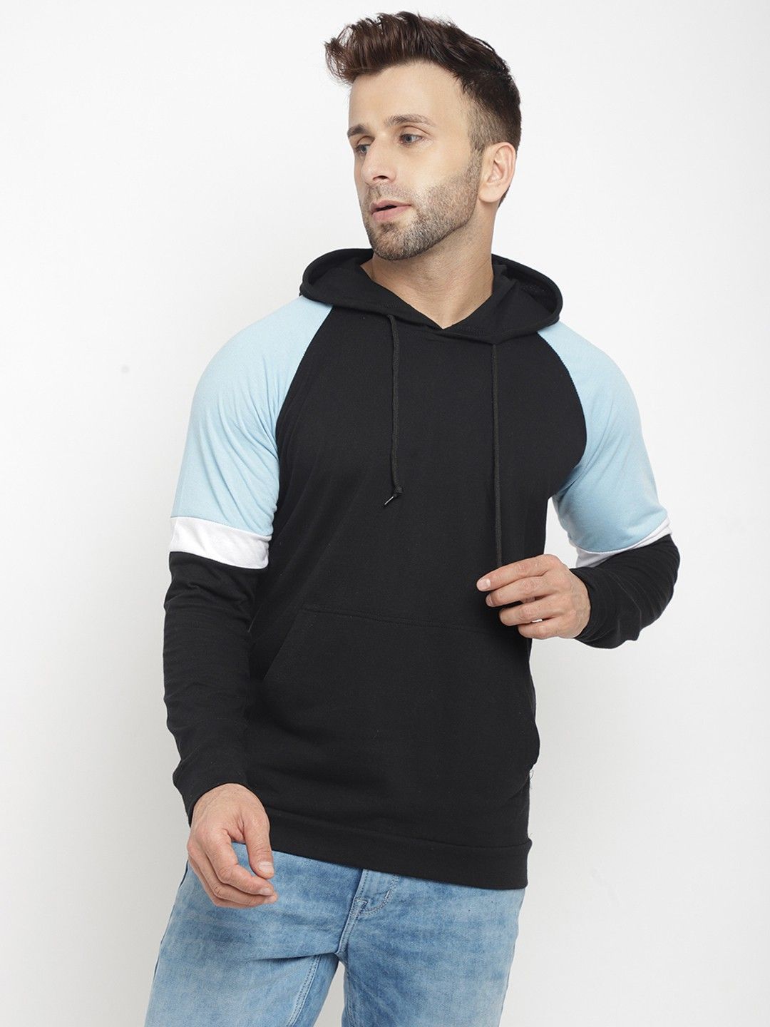 Black Men Color Blocked Hooded Cotton T-Shirt