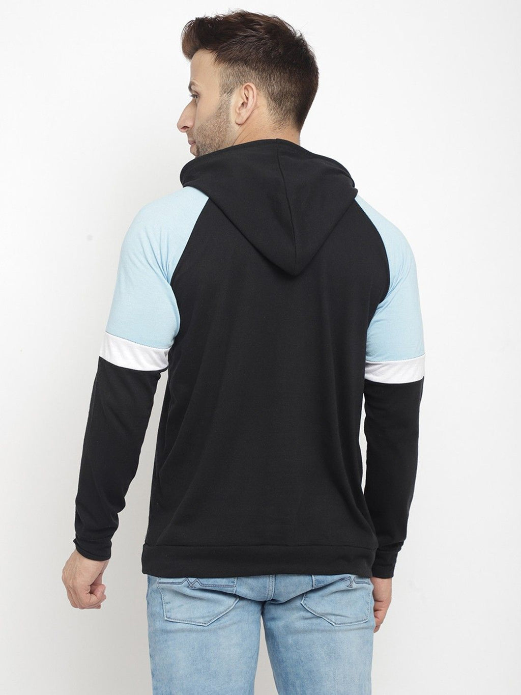 Black Men Color Blocked Hooded Cotton T-Shirt