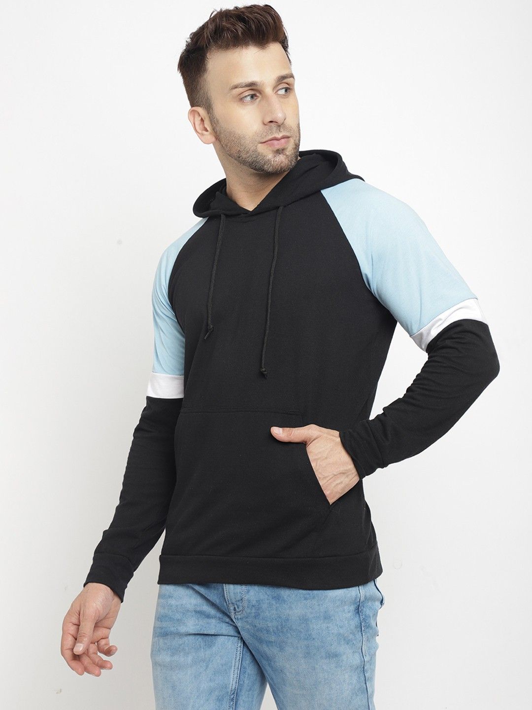 Black Men Color Blocked Hooded Cotton T-Shirt