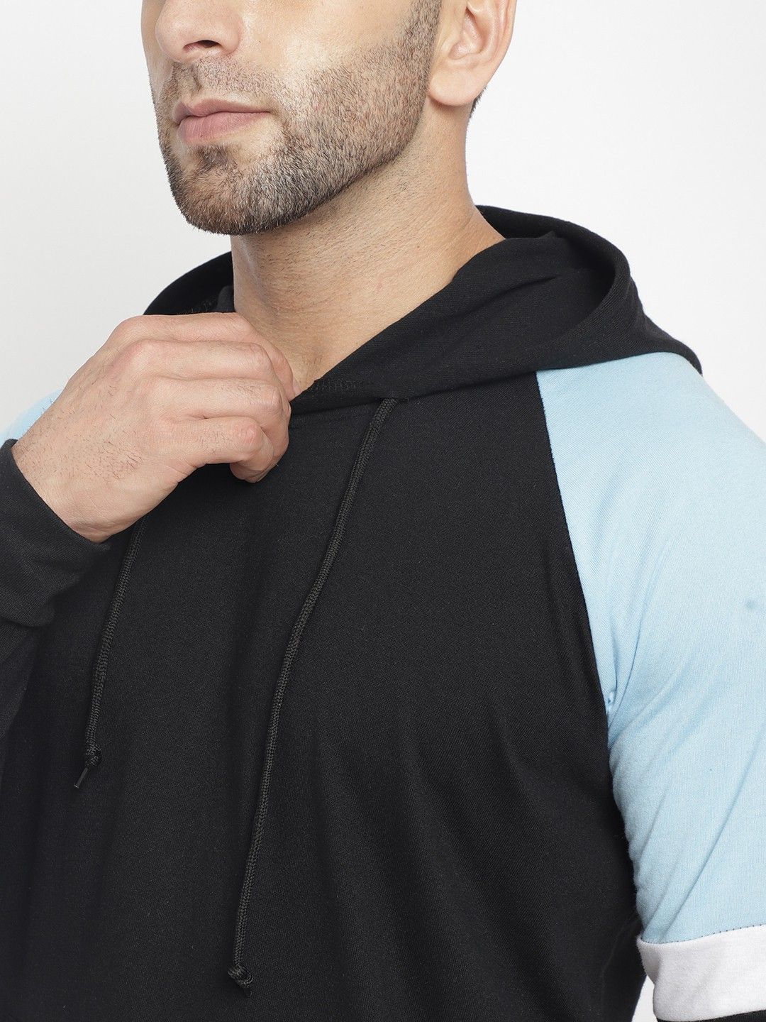 Black Men Color Blocked Hooded Cotton T-Shirt