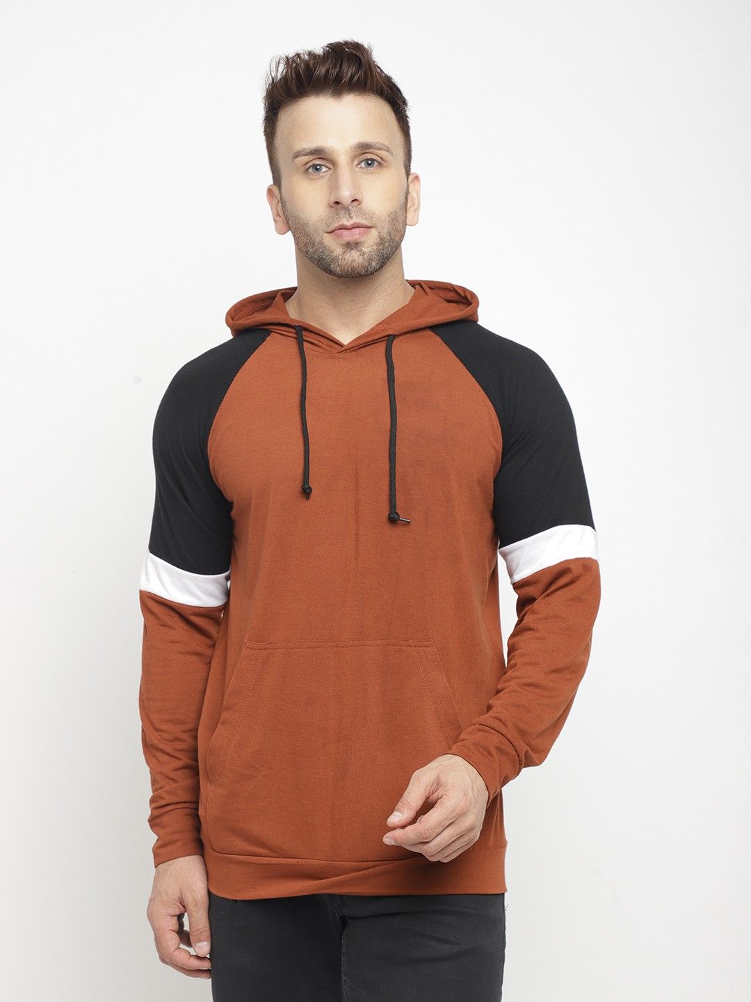 Brown Full Sleeve Color Blocked Hooded T-Shirt