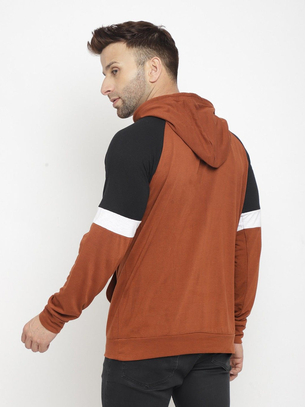 Brown Full Sleeve Color Blocked Hooded T-Shirt