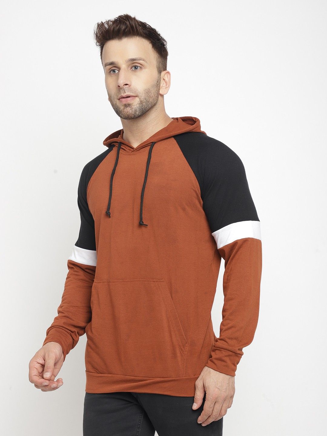 Brown Full Sleeve Color Blocked Hooded T-Shirt