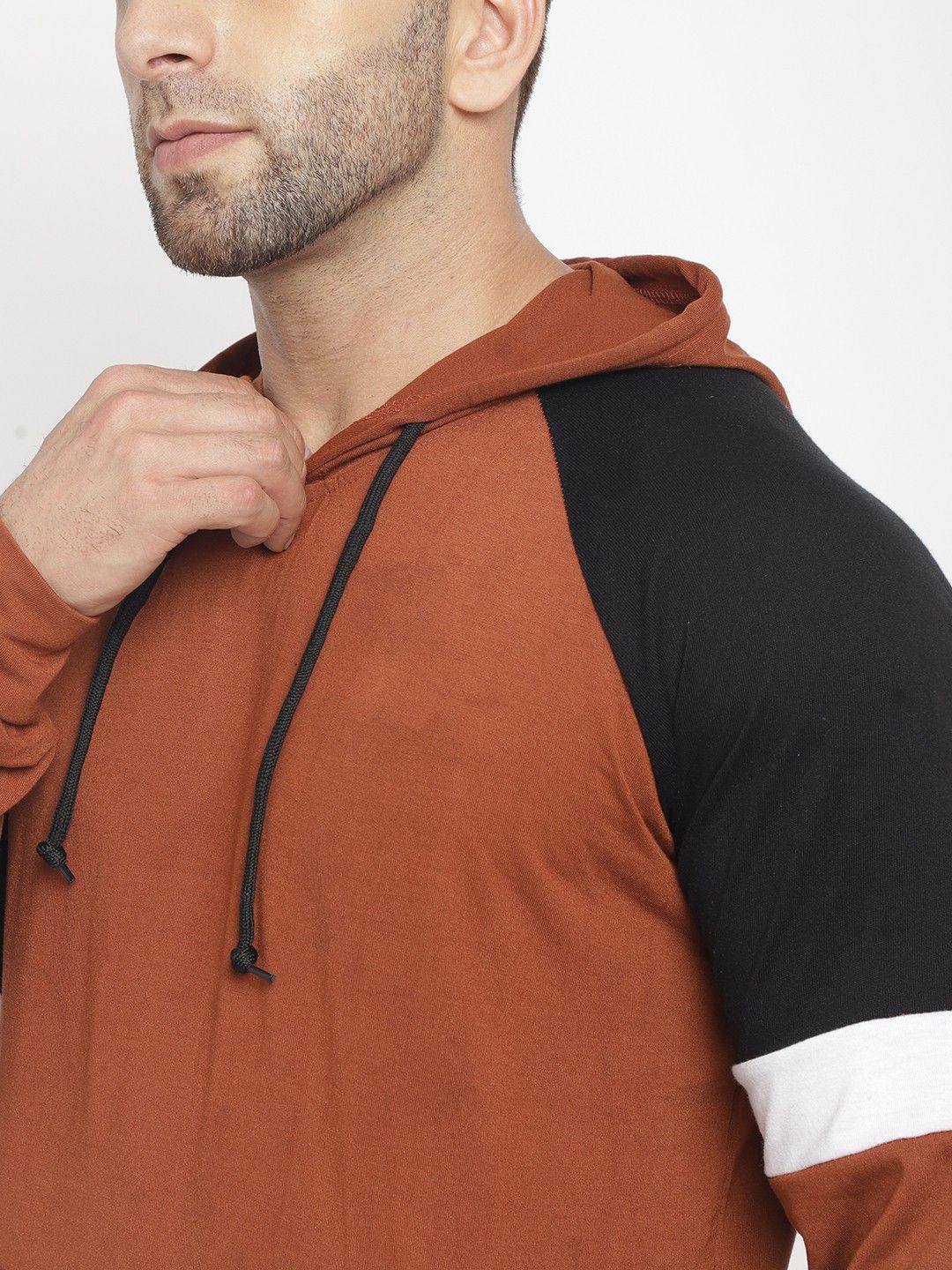 Brown Full Sleeve Color Blocked Hooded T-Shirt
