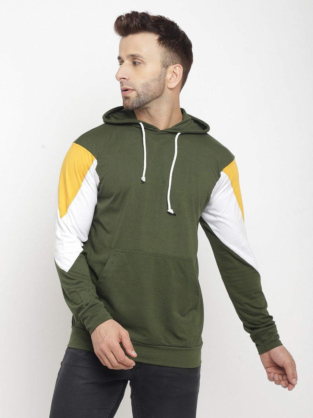 Olive Men Full Sleeve Cotton Hooded T-Shirt