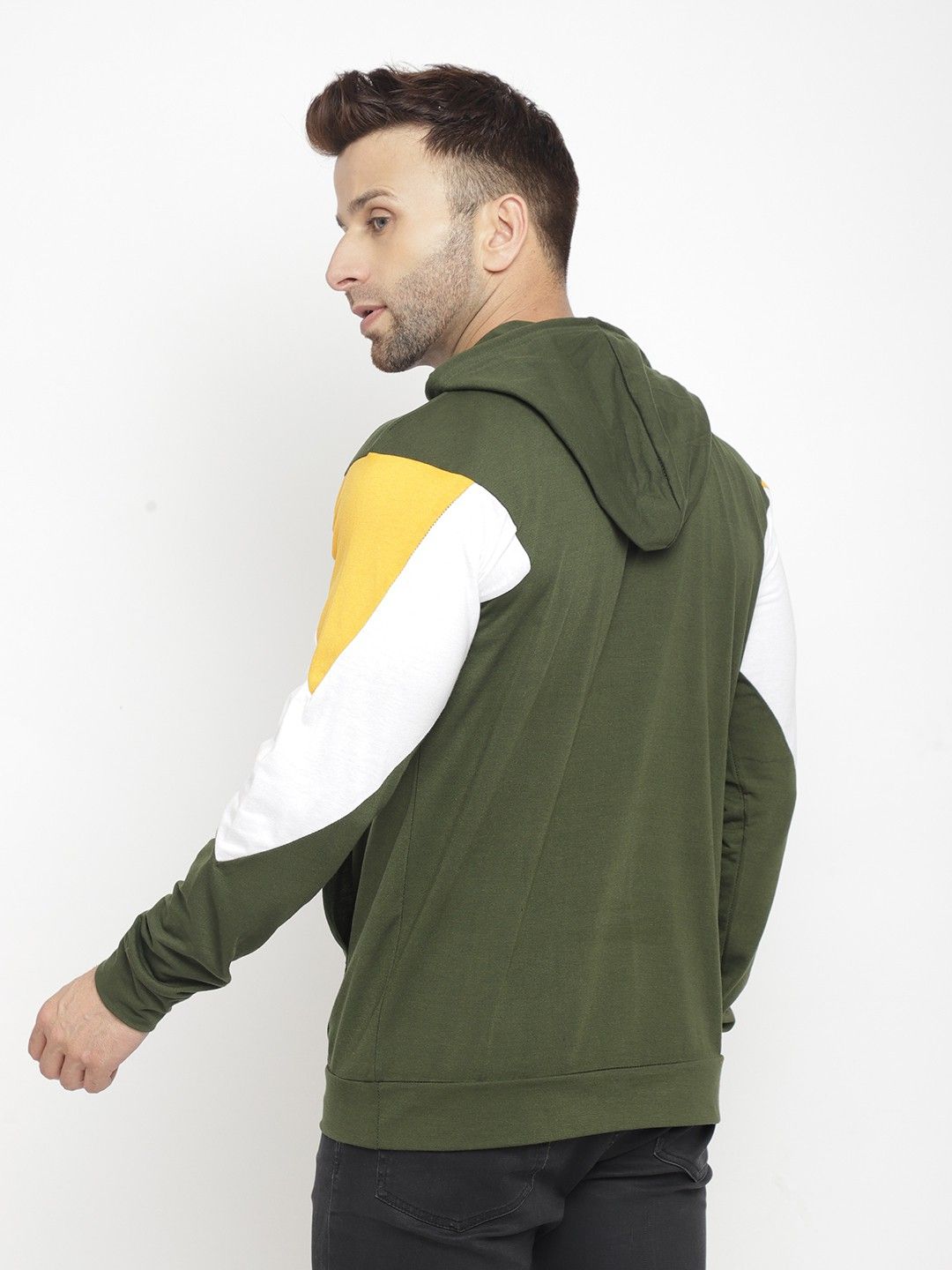 Olive Men Full Sleeve Cotton Hooded T-Shirt
