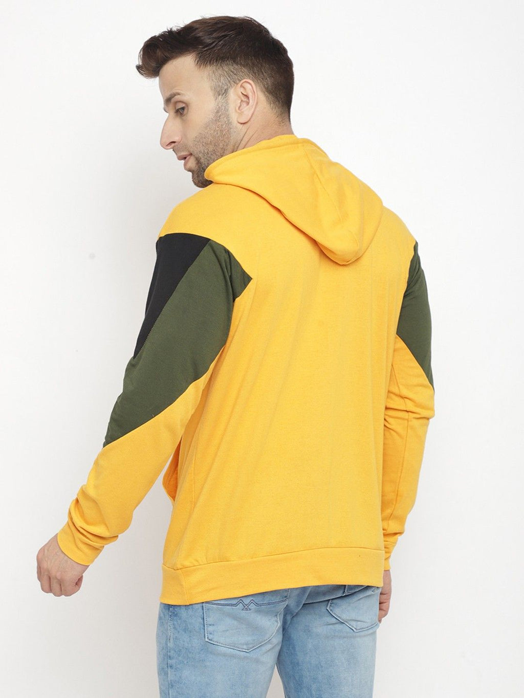 Yellow Men Color Blocked Hooded T-Shirt