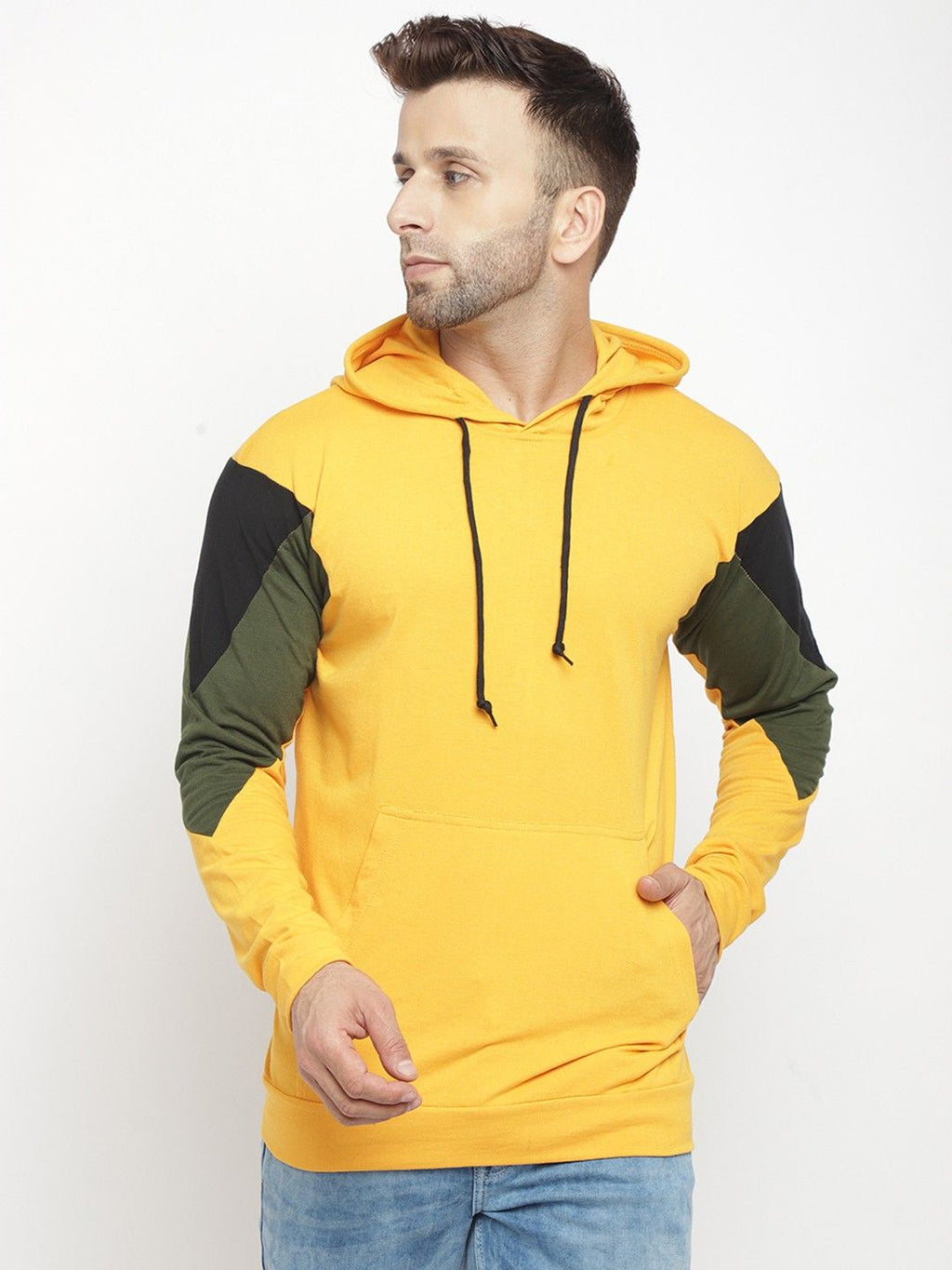 Yellow Men Color Blocked Hooded T-Shirt