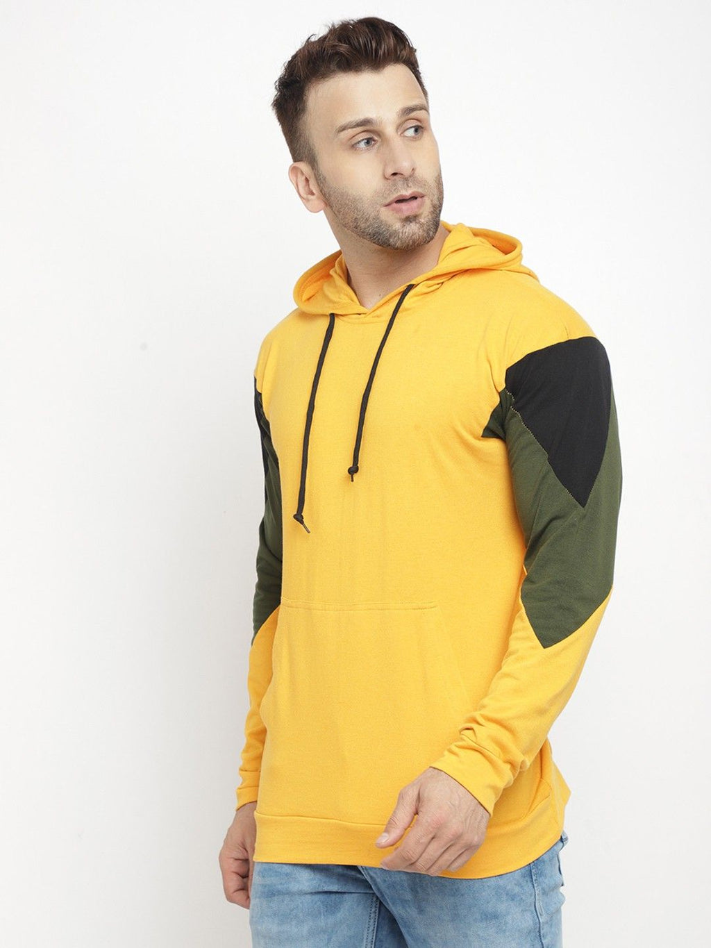 Yellow Men Color Blocked Hooded T-Shirt
