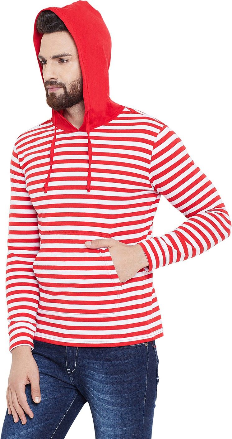 Red Striped Men Hooded Cotton T-Shirt