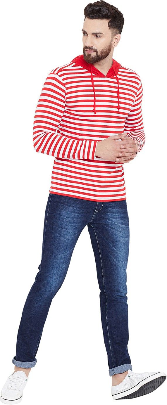 Red Striped Men Hooded Cotton T-Shirt