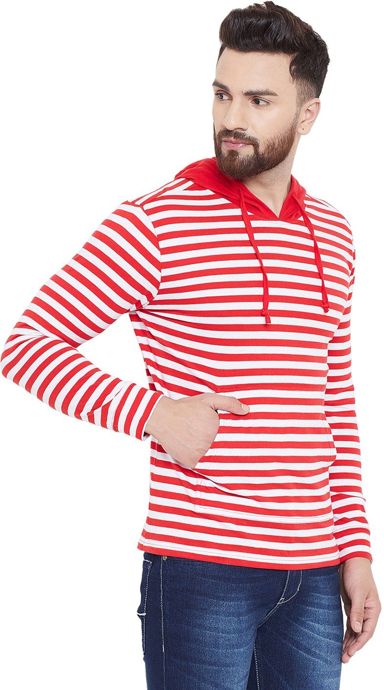 Red Striped Men Hooded Cotton T-Shirt